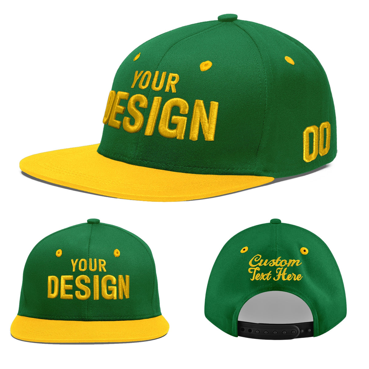 Custom Kelly Green Gold 3D Puff Embroidery Flat Embroidery Casual Sport Baseball Cap