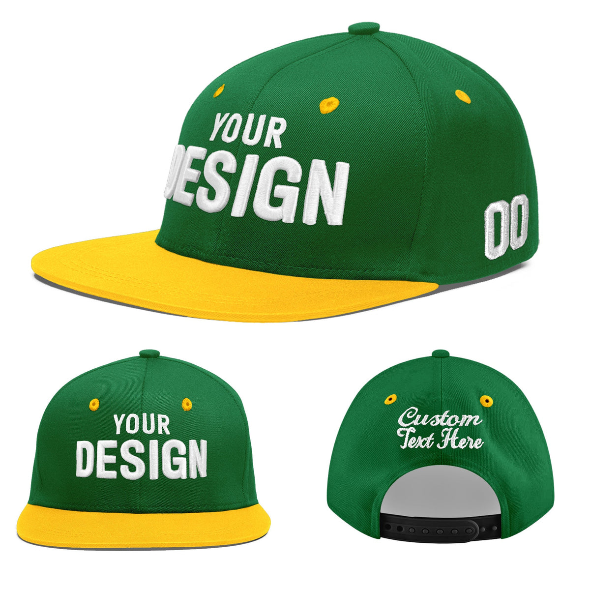 Custom Kelly Green Gold 3D Puff Embroidery Flat Embroidery Casual Sport Baseball Cap