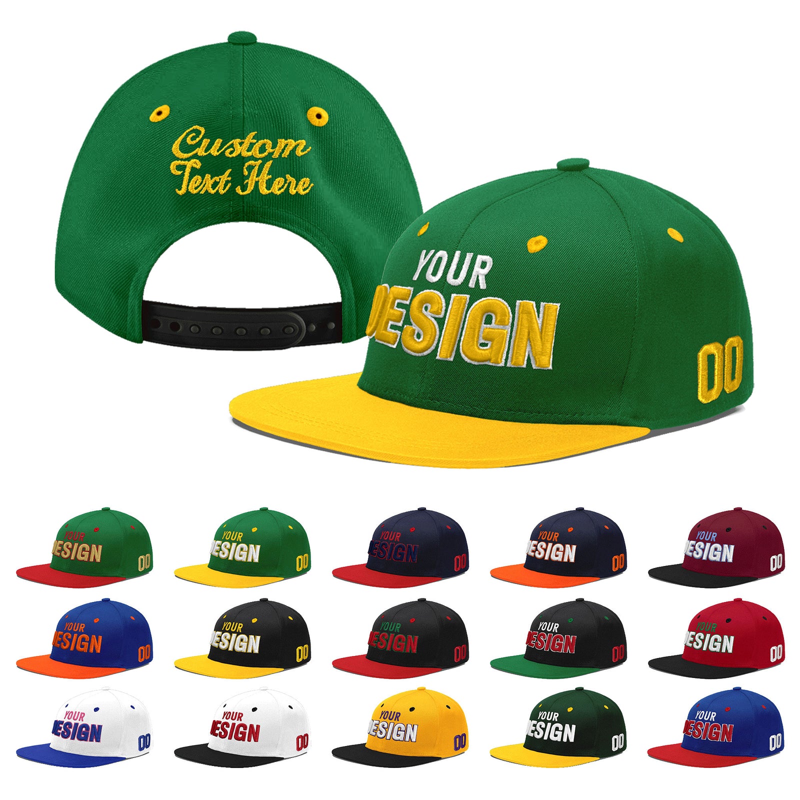 Custom Kelly Green Gold 3D Puff Embroidery Flat Embroidery Casual Sport Baseball Cap