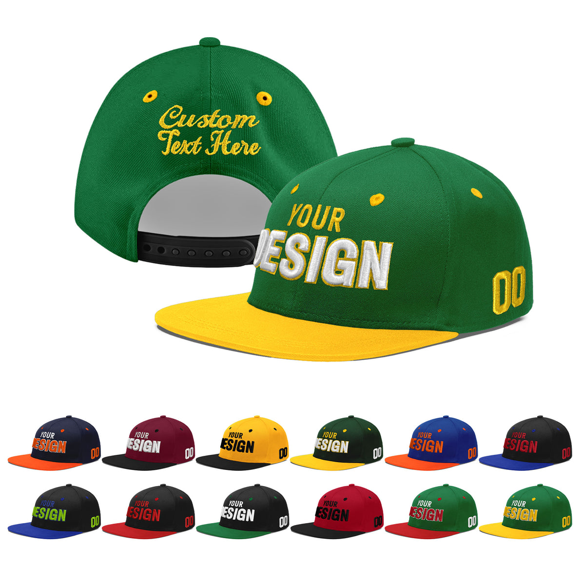 Custom Kelly Green Gold 3D Puff Embroidery Flat Embroidery Casual Sport Baseball Cap