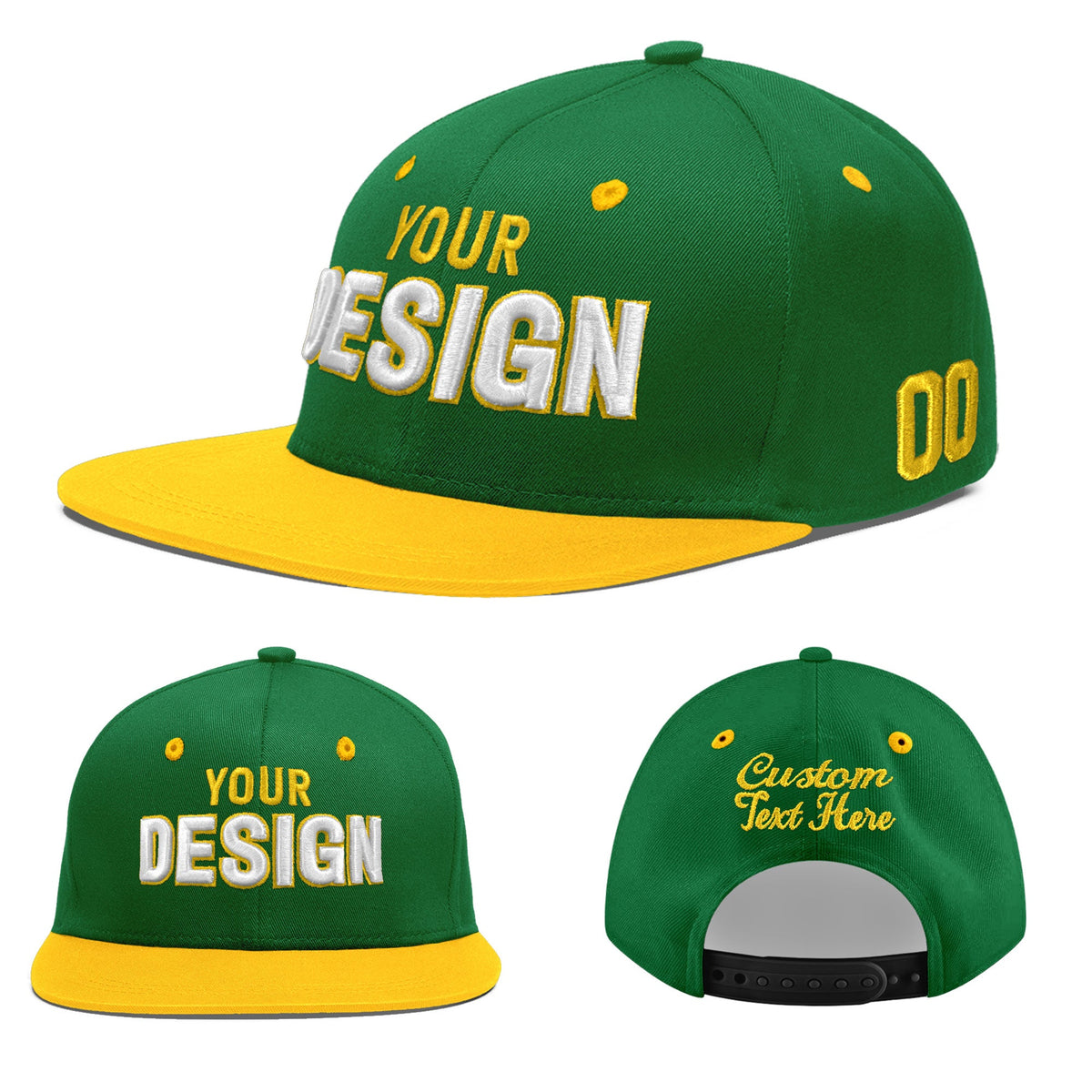 Custom Kelly Green Gold 3D Puff Embroidery Flat Embroidery Casual Sport Baseball Cap