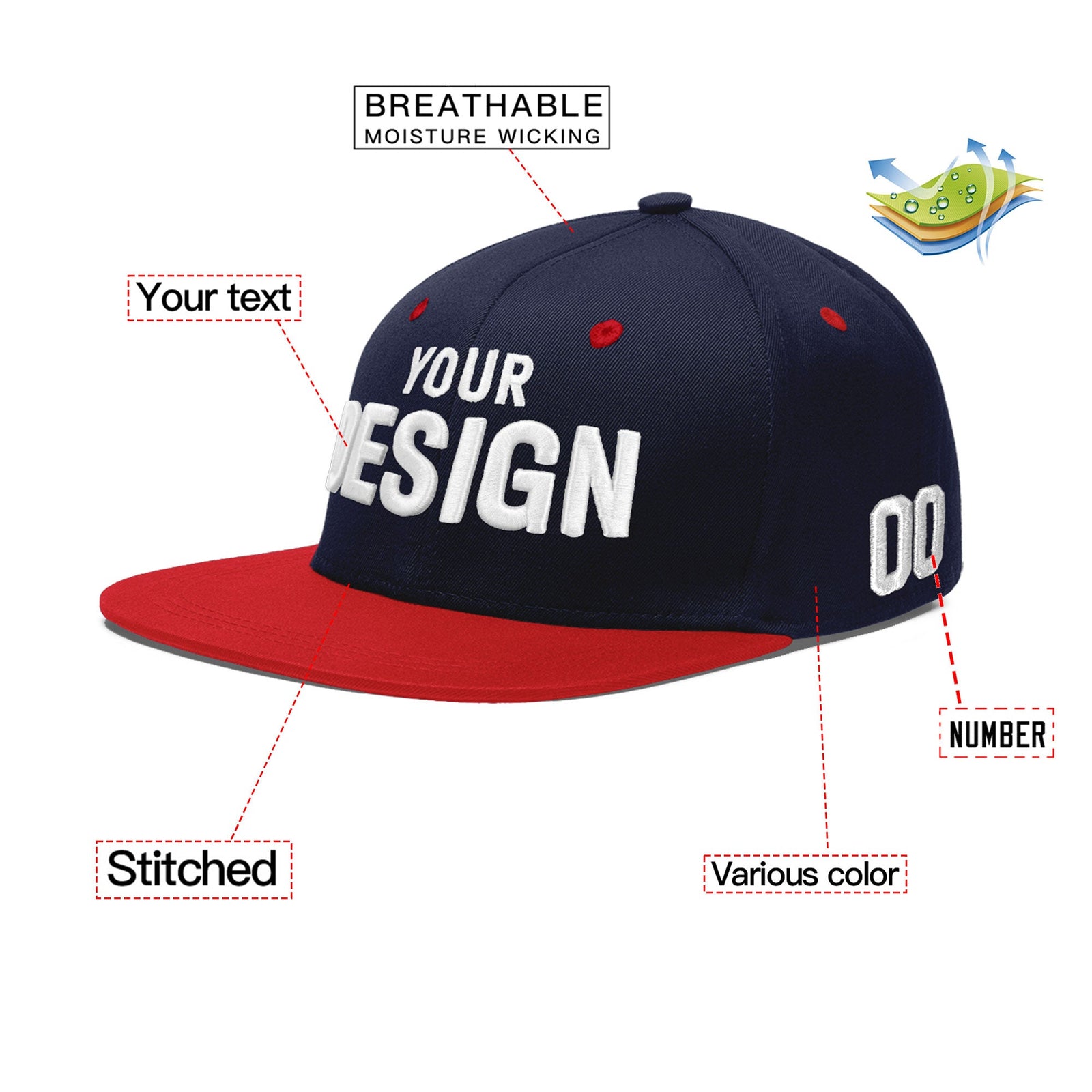 Custom Navy Red 3D Puff Embroidery Flat Embroidery Casual Sport Baseball Cap