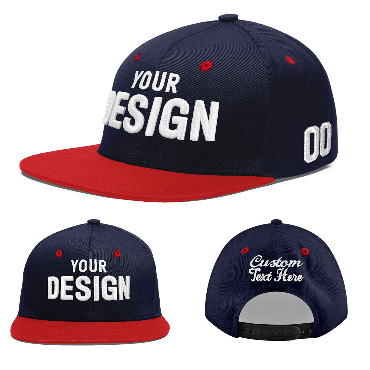 Custom Navy Red 3D Puff Embroidery Flat Embroidery Casual Sport Baseball Cap