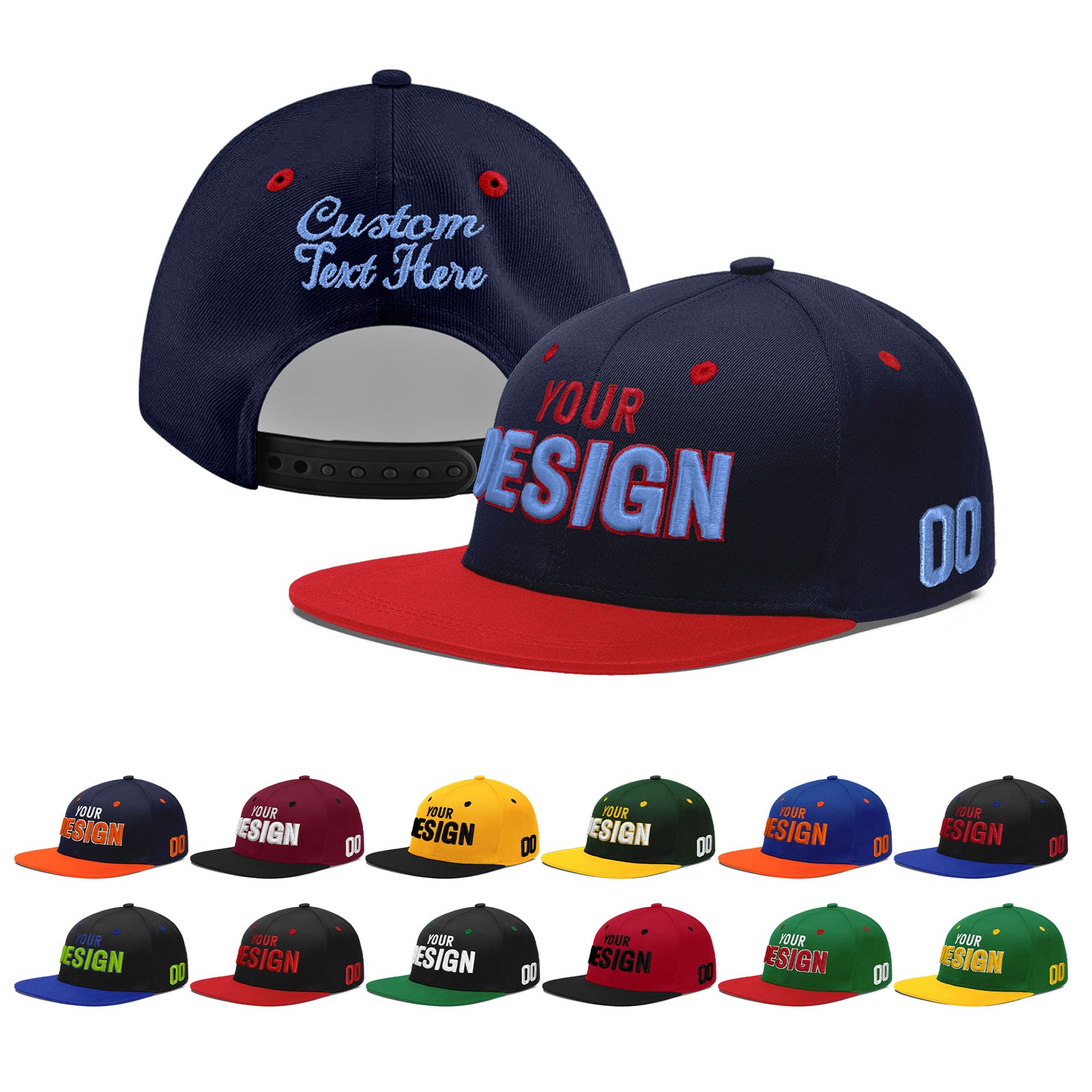 Custom Navy Red 3D Puff Embroidery Flat Embroidery Casual Sport Baseball Cap