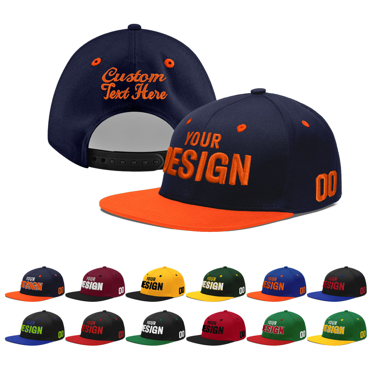 Custom Navy Orange 3D Puff Embroidery Flat Embroidery Casual Sport Baseball Cap