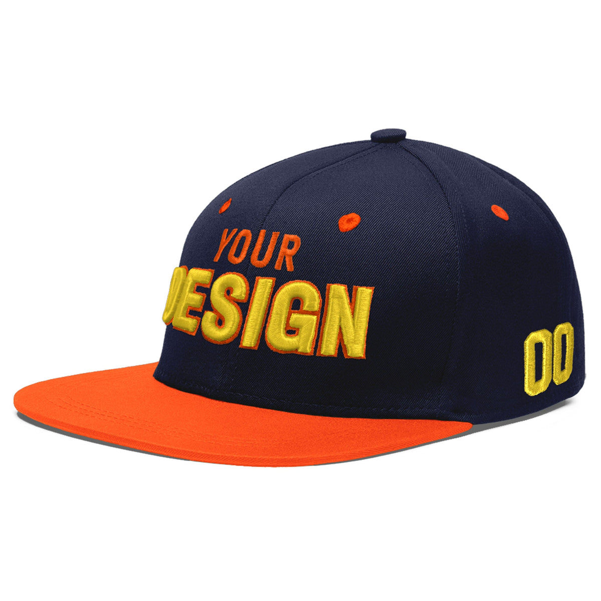 Custom Navy Orange 3D Puff Embroidery Flat Embroidery Casual Sport Baseball Cap