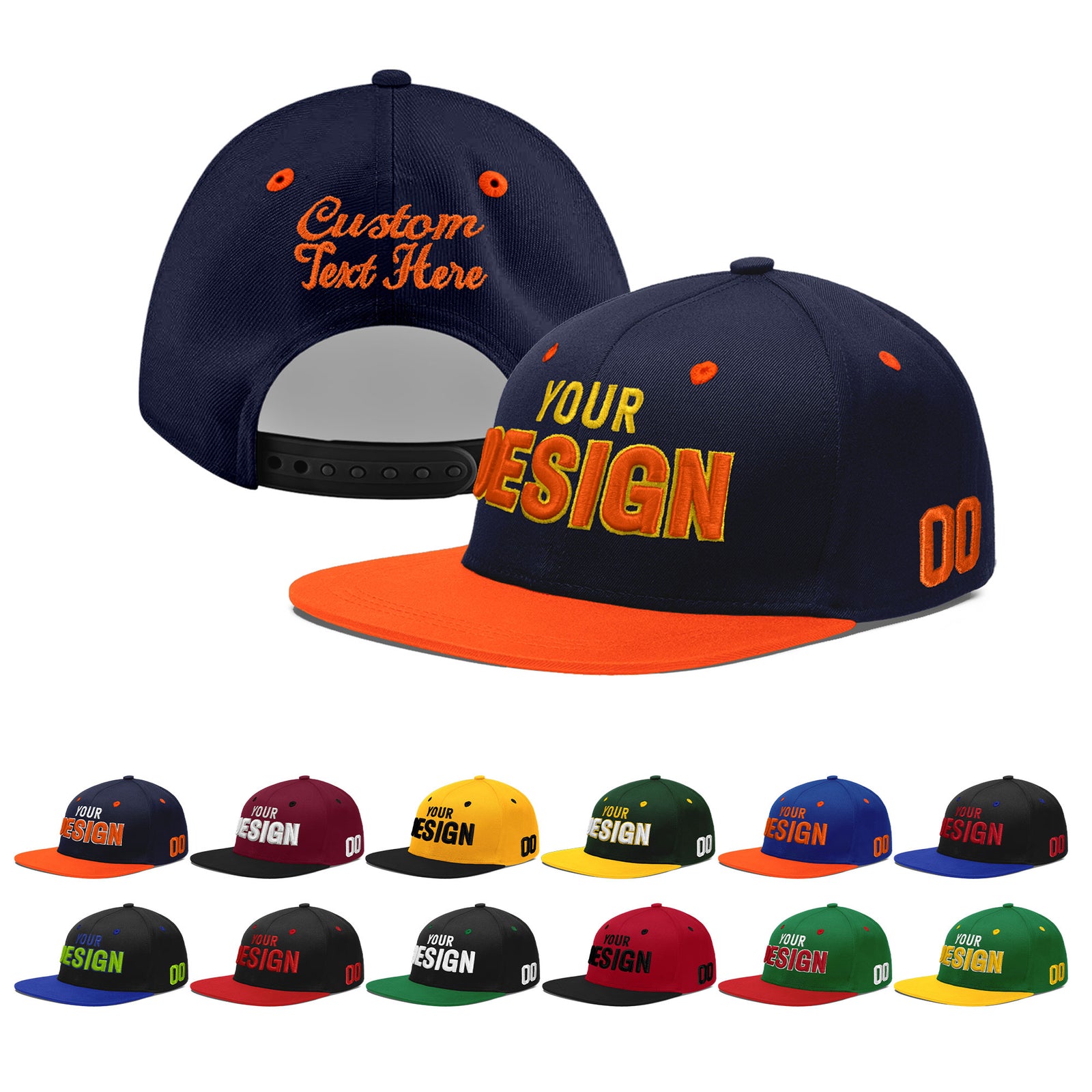 Custom Navy Orange 3D Puff Embroidery Flat Embroidery Casual Sport Baseball Cap