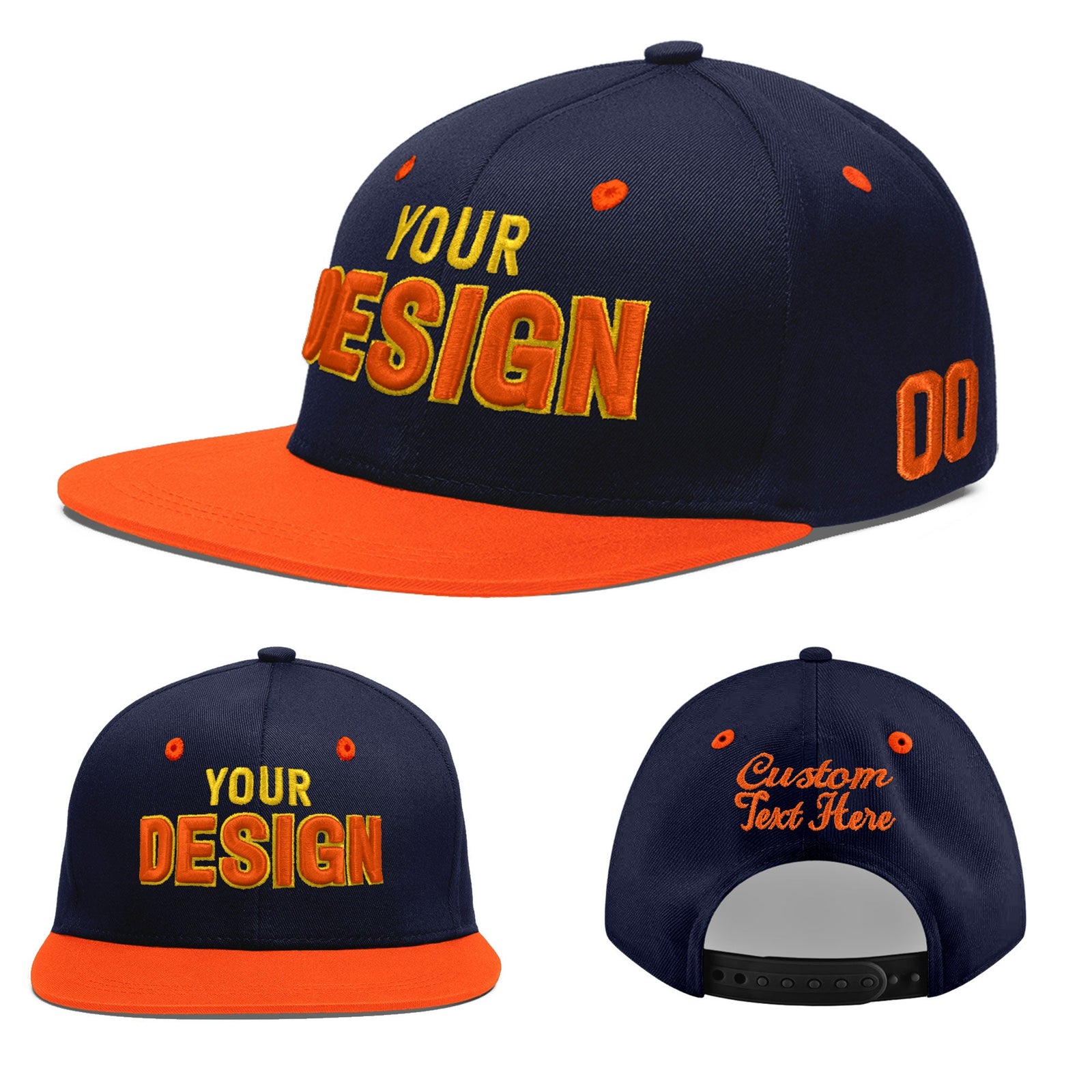 Custom Navy Orange 3D Puff Embroidery Flat Embroidery Casual Sport Baseball Cap