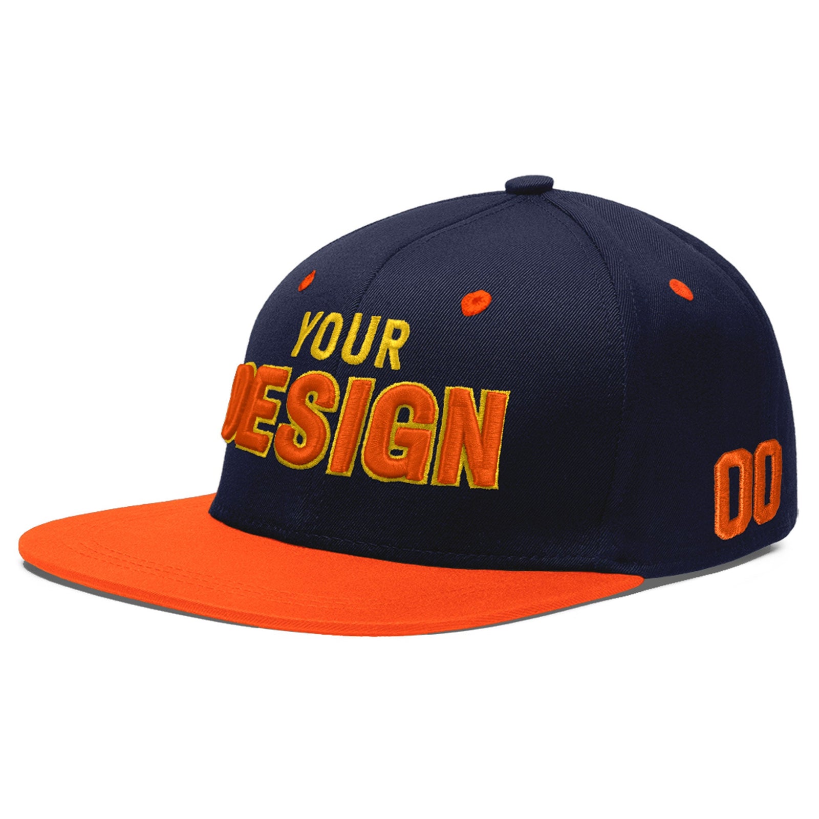 Custom Navy Orange 3D Puff Embroidery Flat Embroidery Casual Sport Baseball Cap
