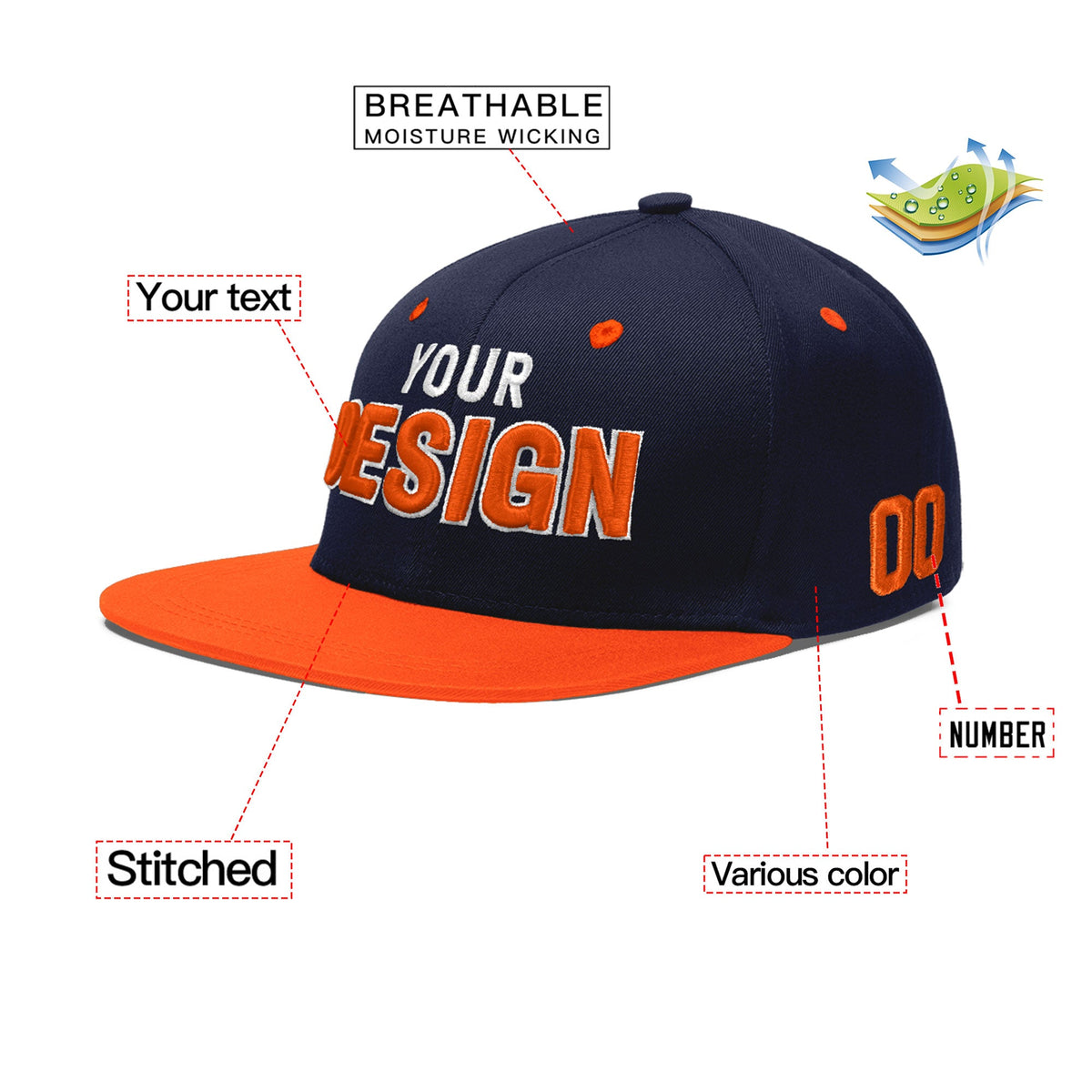 Custom Navy Orange 3D Puff Embroidery Flat Embroidery Casual Sport Baseball Cap