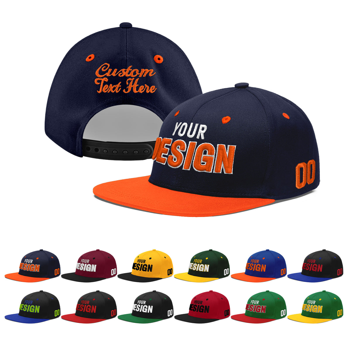 Custom Navy Orange 3D Puff Embroidery Flat Embroidery Casual Sport Baseball Cap