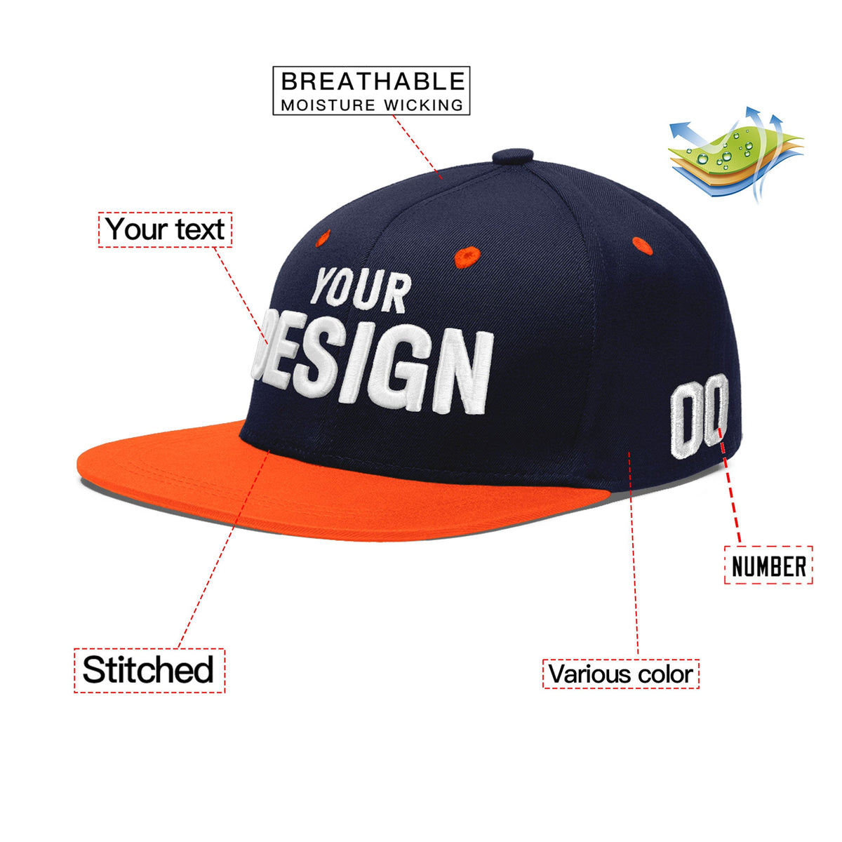 Custom Navy Orange 3D Puff Embroidery Flat Embroidery Casual Sport Baseball Cap
