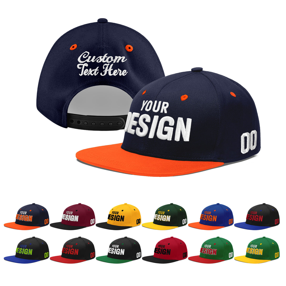 Custom Navy Orange 3D Puff Embroidery Flat Embroidery Casual Sport Baseball Cap