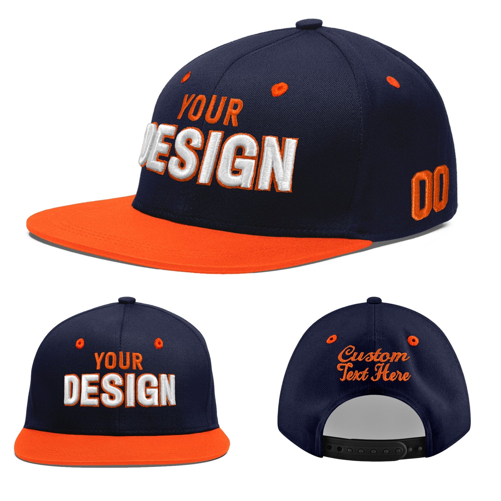 Custom Navy Orange 3D Puff Embroidery Flat Embroidery Casual Sport Baseball Cap