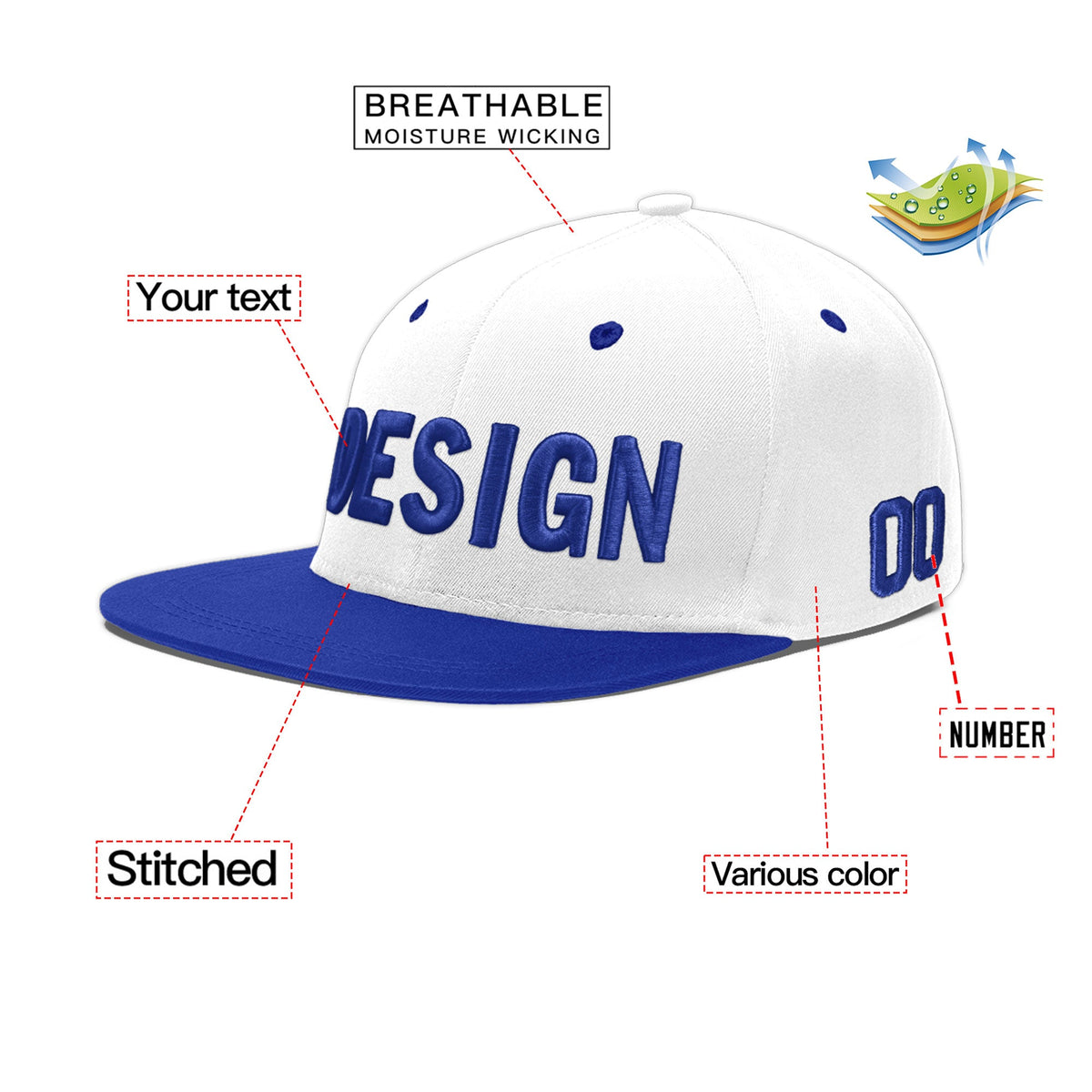 Custom White Royal Blue 3D Puff Embroidery Flat Embroidery Casual Sport Baseball Cap