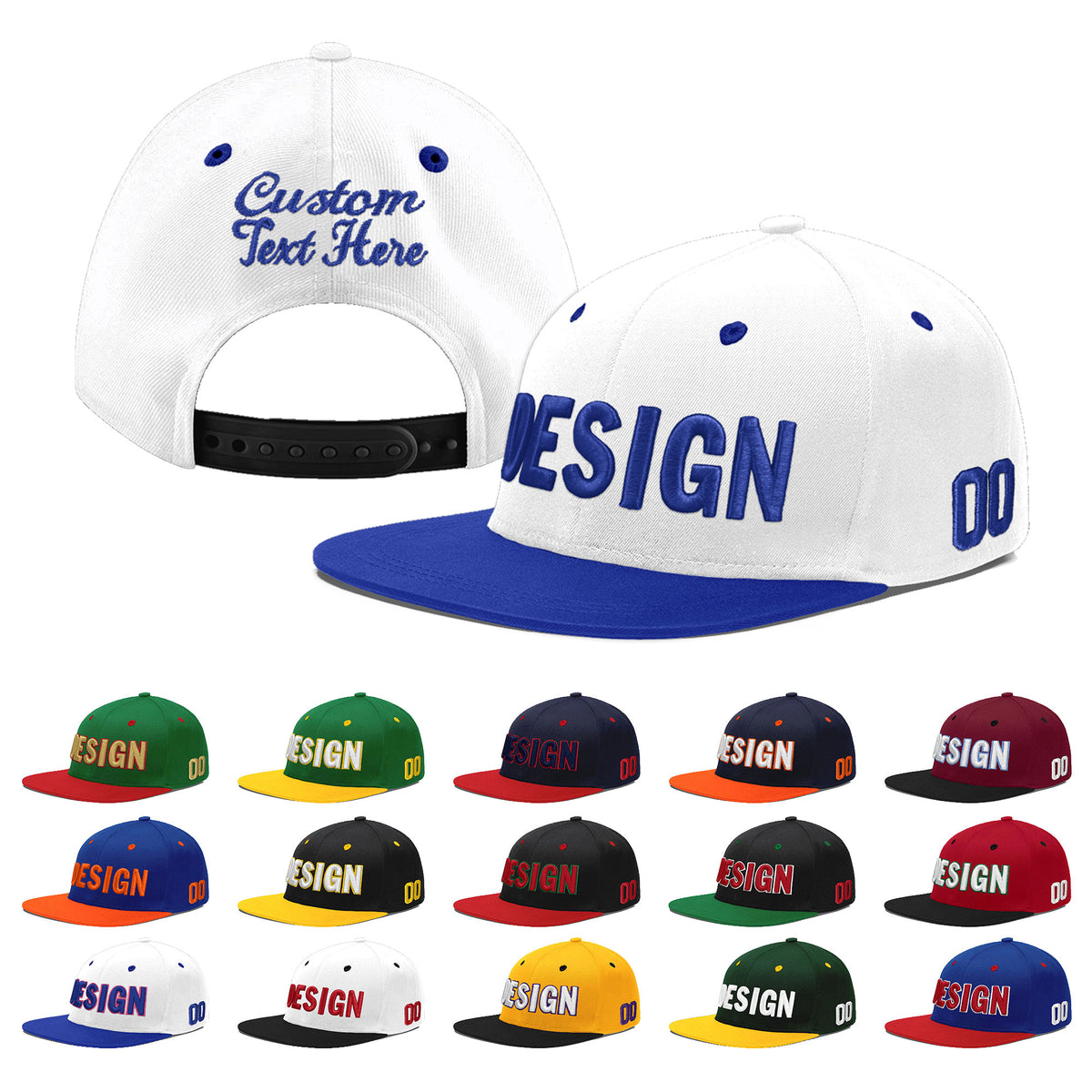Custom White Royal Blue 3D Puff Embroidery Flat Embroidery Casual Sport Baseball Cap