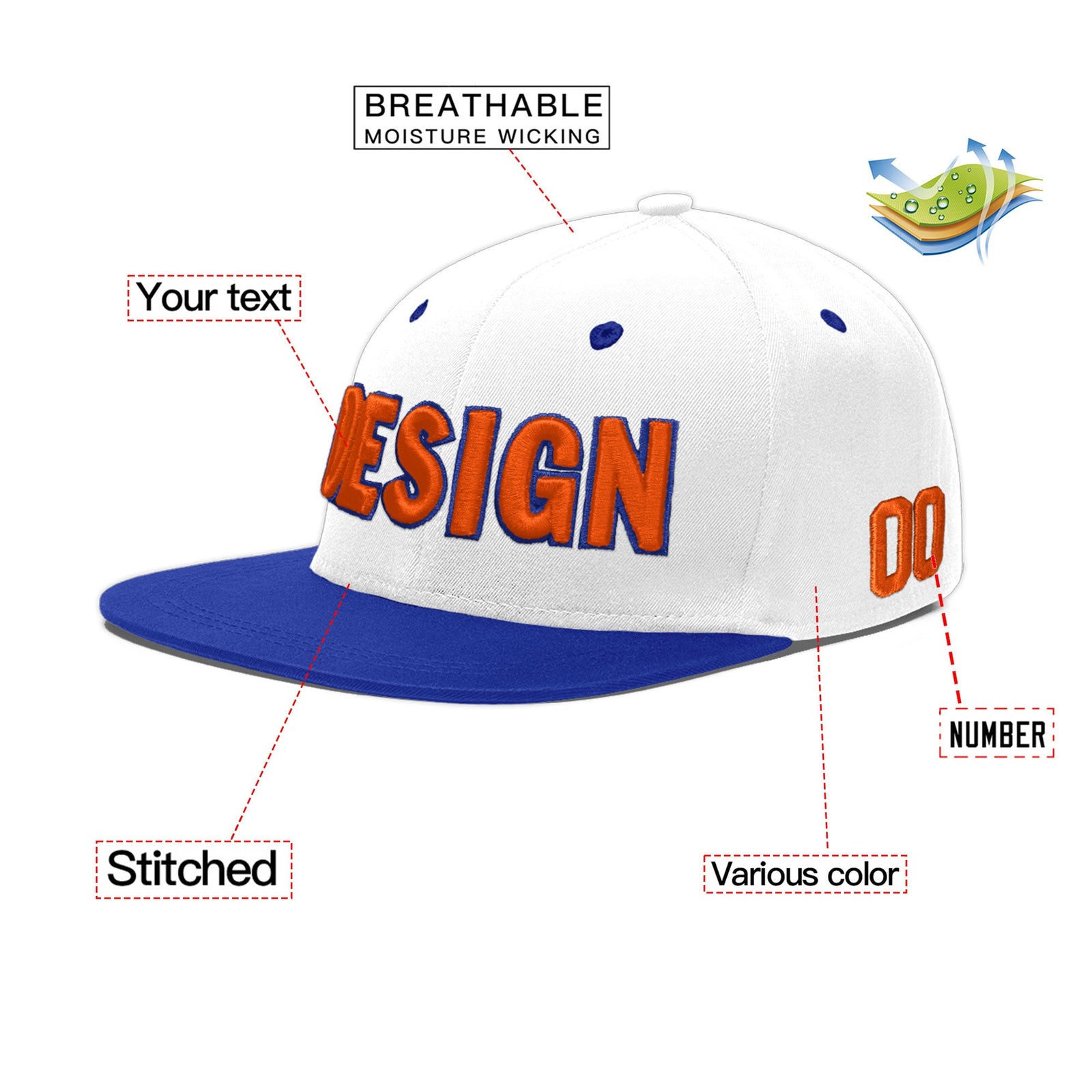 Custom White Royal Blue 3D Puff Embroidery Flat Embroidery Casual Sport Baseball Cap