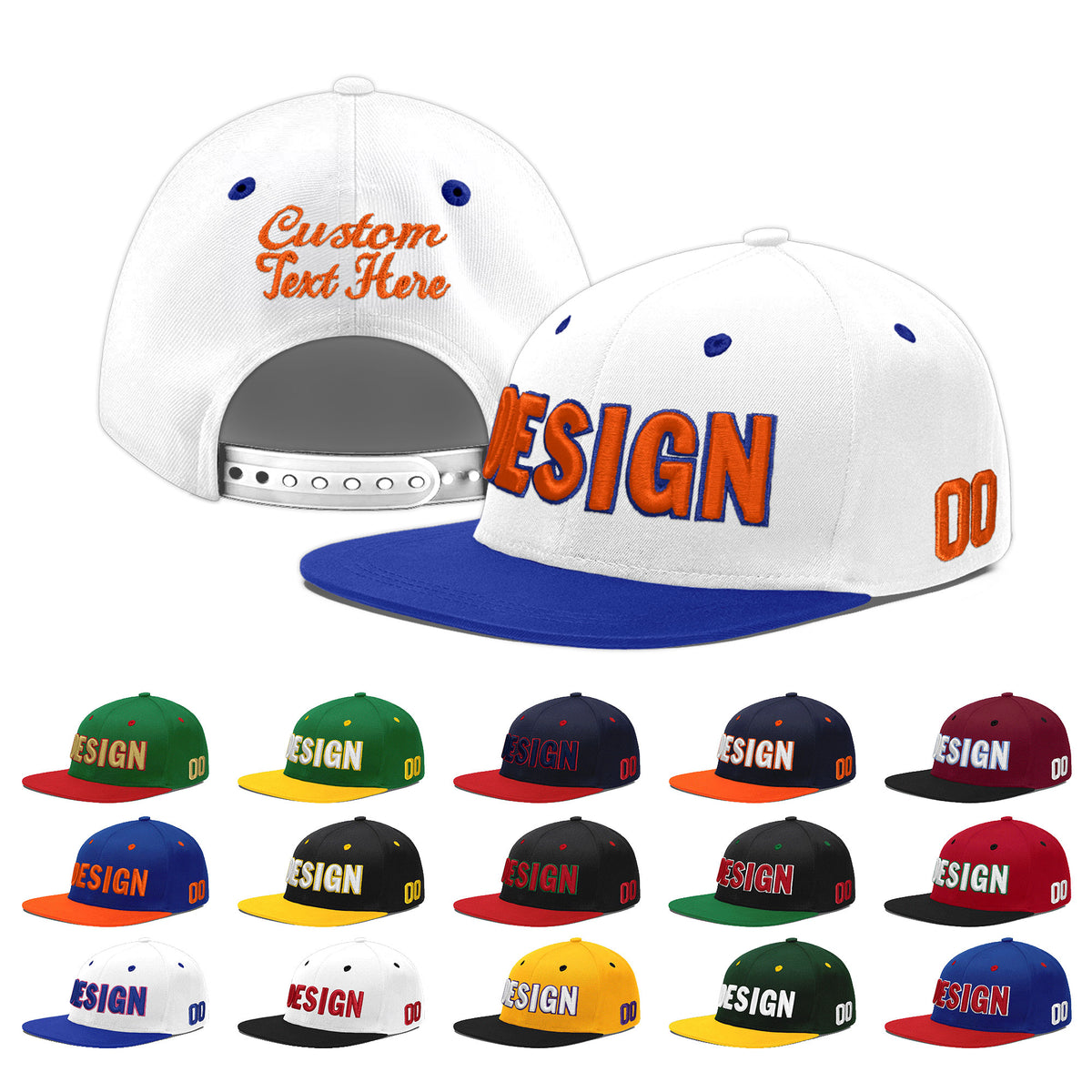 Custom White Royal Blue 3D Puff Embroidery Flat Embroidery Casual Sport Baseball Cap