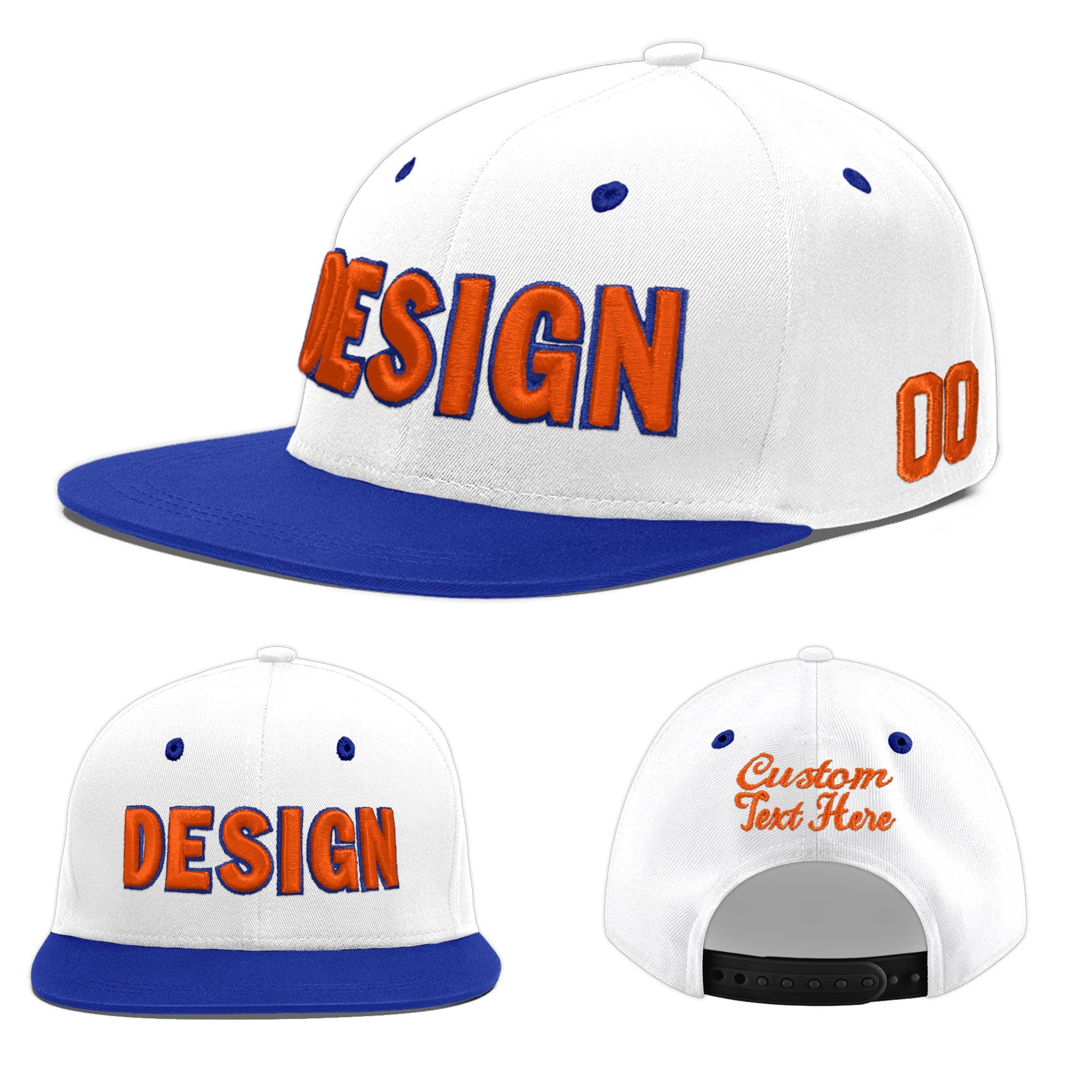 Custom White Royal Blue 3D Puff Embroidery Flat Embroidery Casual Sport Baseball Cap