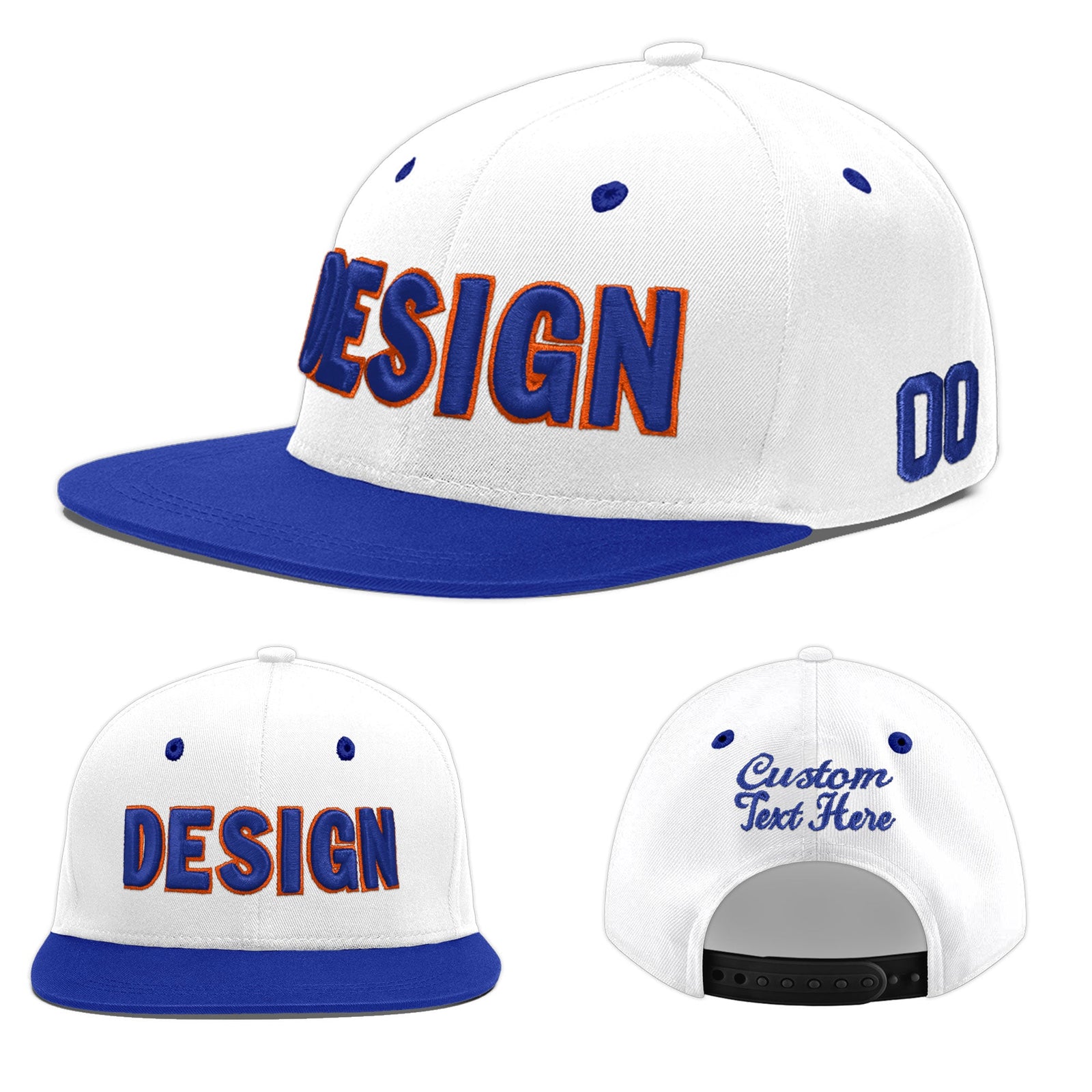 Custom White Royal Blue 3D Puff Embroidery Flat Embroidery Casual Sport Baseball Cap