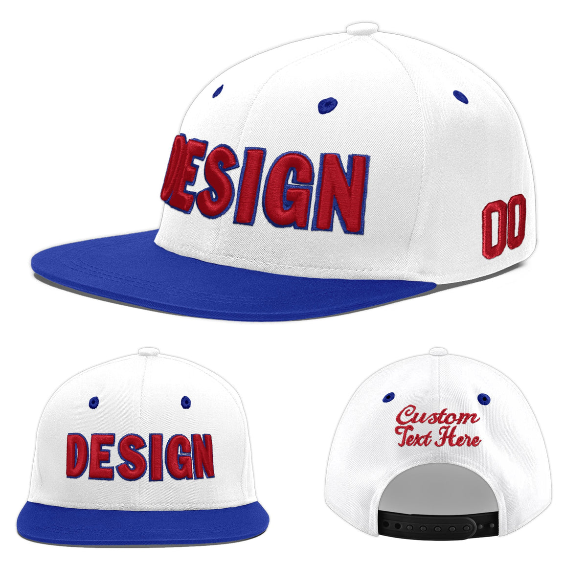 Custom White Royal Blue 3D Puff Embroidery Flat Embroidery Casual Sport Baseball Cap