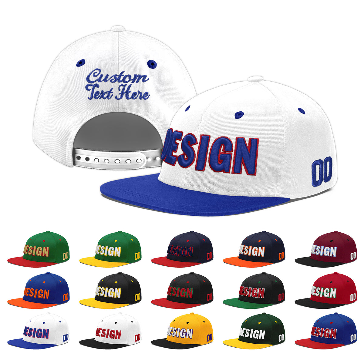 Custom White Royal Blue 3D Puff Embroidery Flat Embroidery Casual Sport Baseball Cap