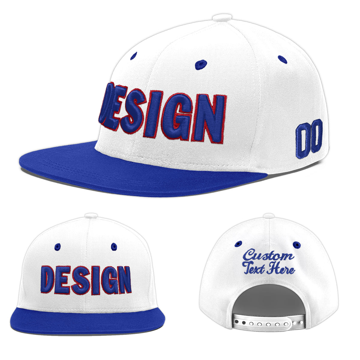 Custom White Royal Blue 3D Puff Embroidery Flat Embroidery Casual Sport Baseball Cap