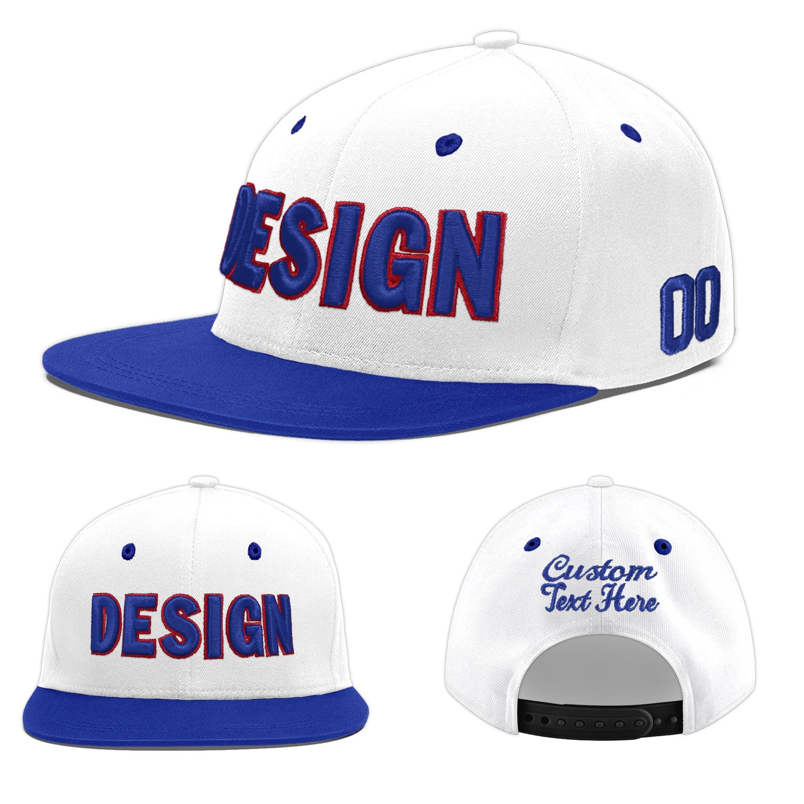 Custom White Royal Blue 3D Puff Embroidery Flat Embroidery Casual Sport Baseball Cap