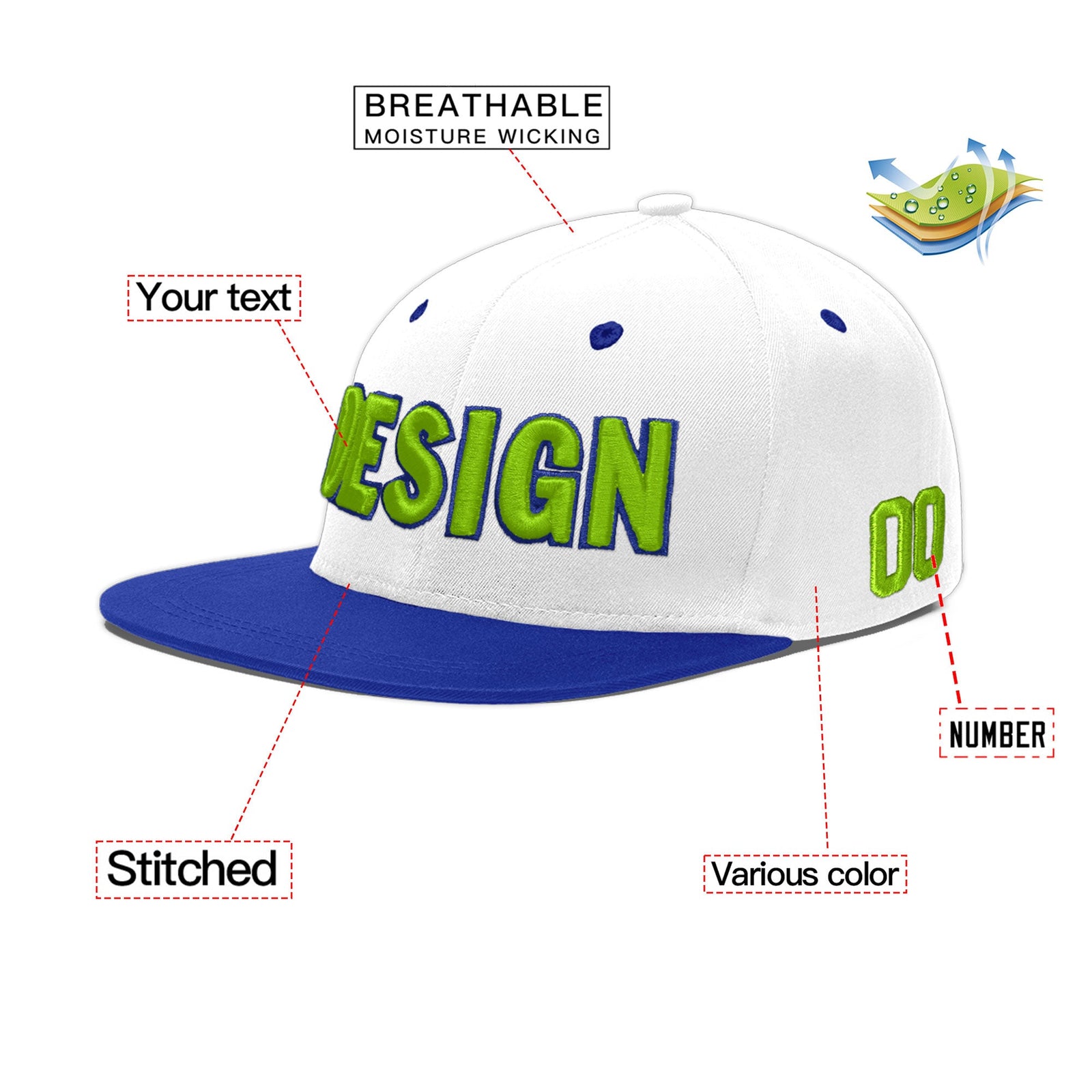 Custom White Royal Blue 3D Puff Embroidery Flat Embroidery Casual Sport Baseball Cap
