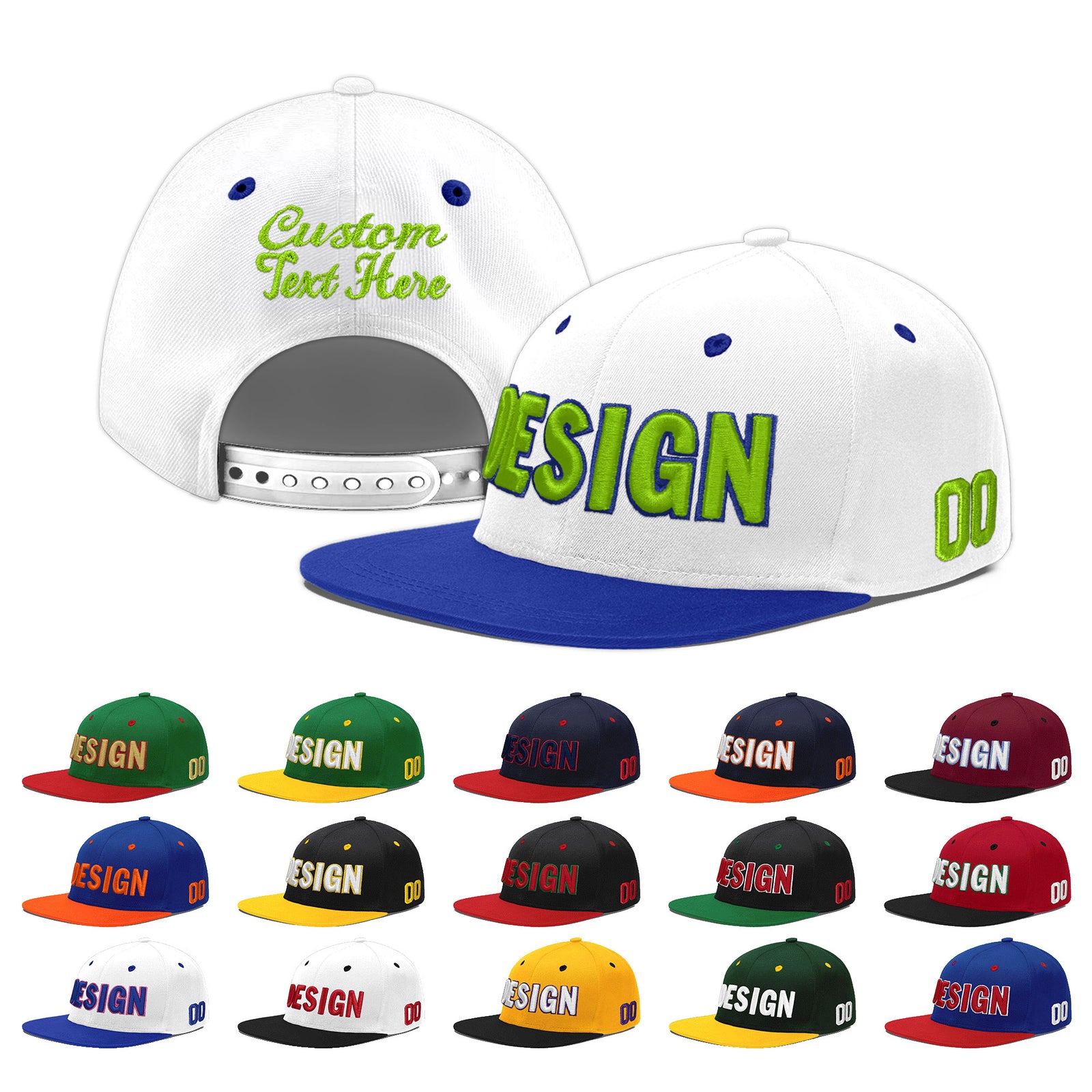 Custom White Royal Blue 3D Puff Embroidery Flat Embroidery Casual Sport Baseball Cap