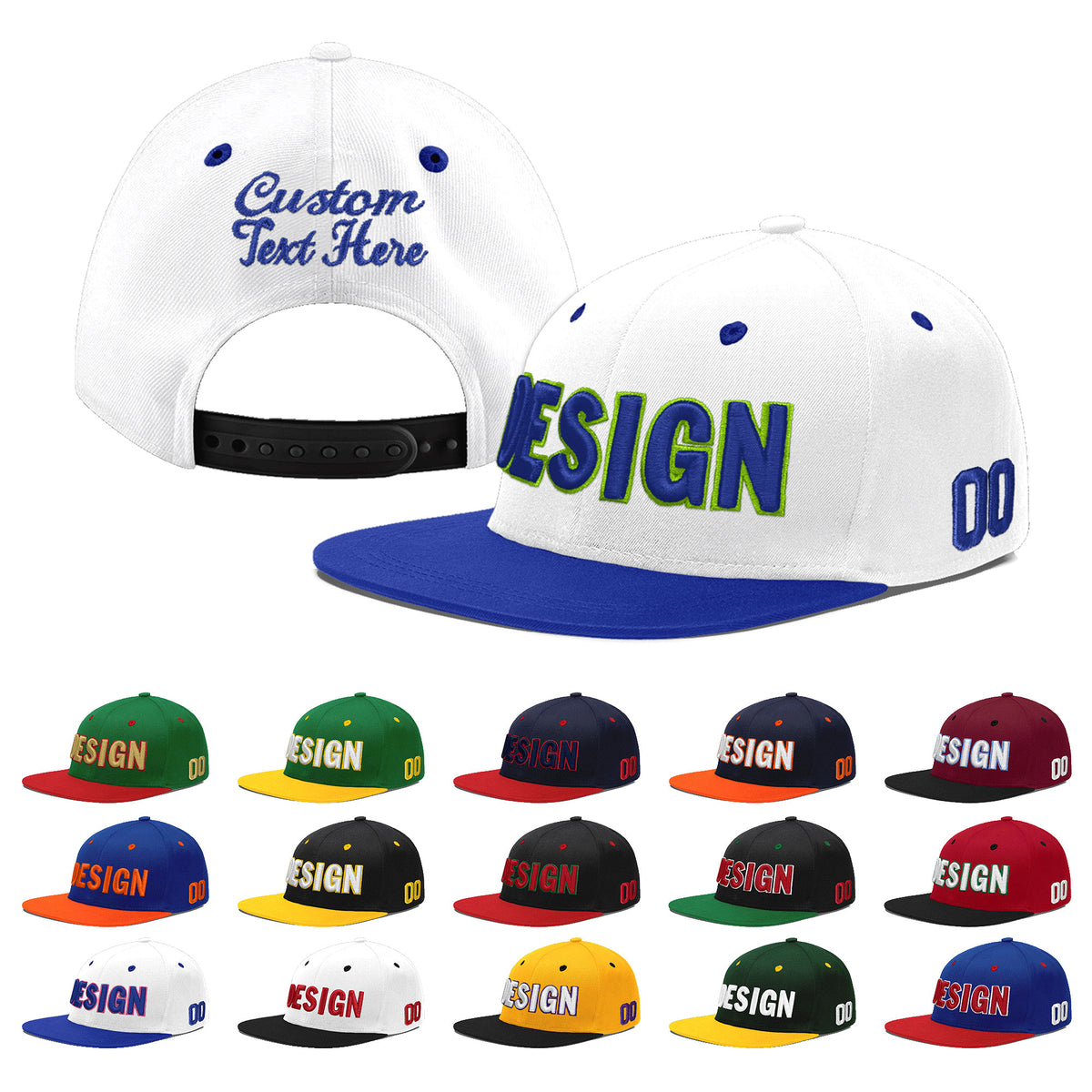 Custom White Royal Blue 43D Puff Embroidery Flat Embroidery Casual Sport Baseball Cap