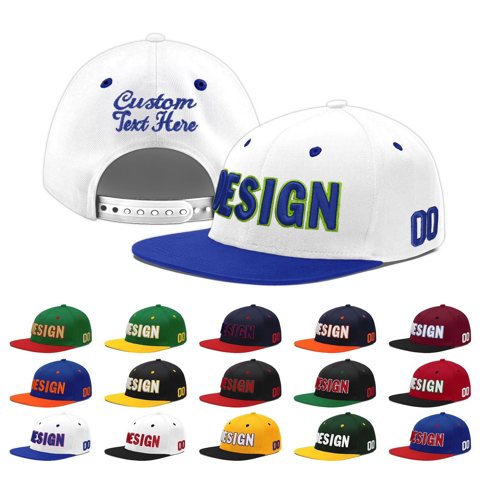 Custom White Royal Blue 43D Puff Embroidery Flat Embroidery Casual Sport Baseball Cap
