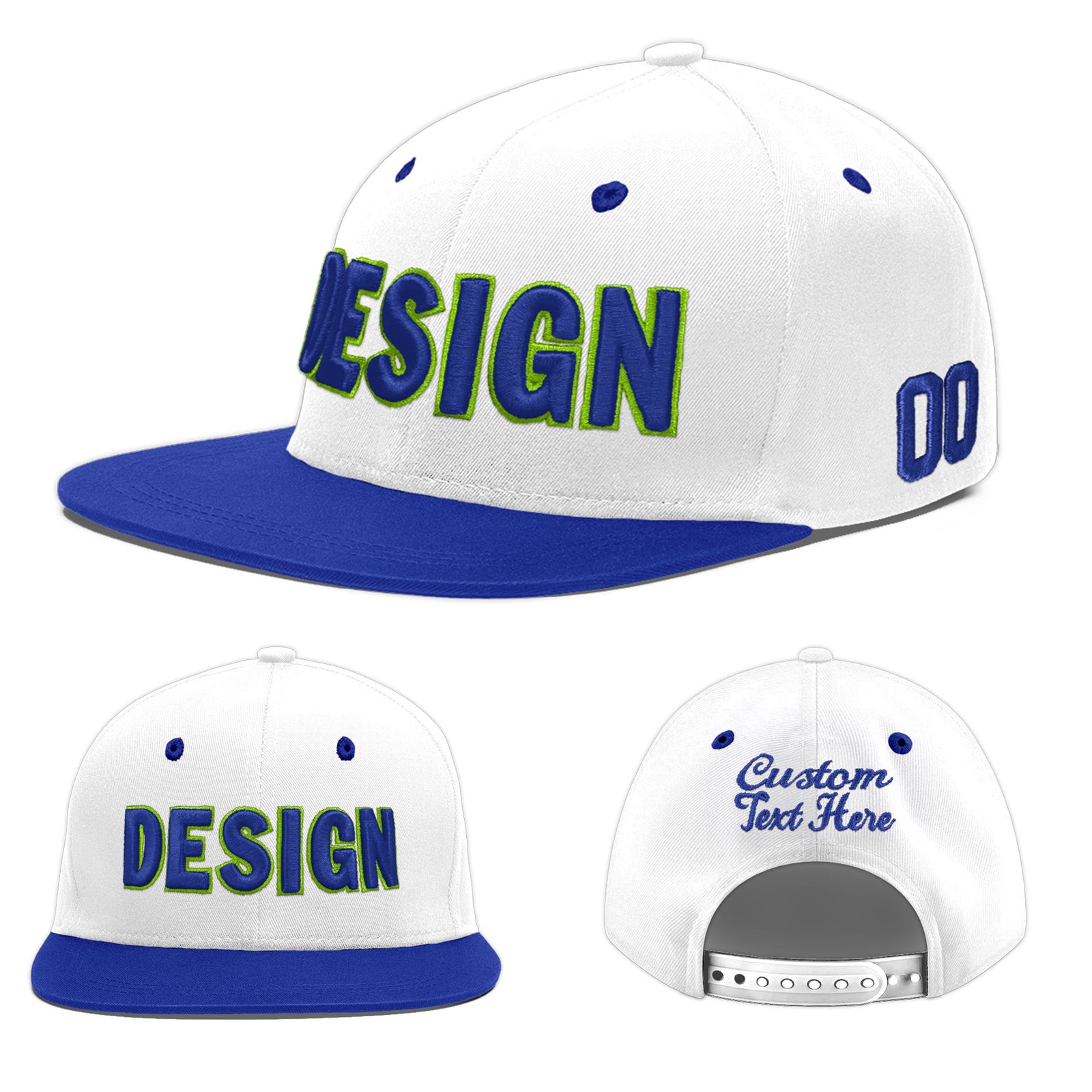 Custom White Royal Blue 44D Puff Embroidery Flat Embroidery Casual Sport Baseball Cap