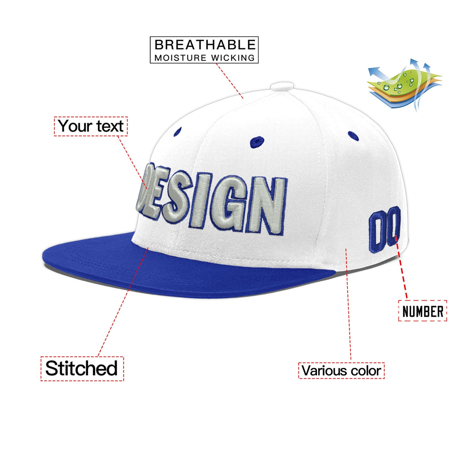 Custom White Royal Blue 61D Puff Embroidery Flat Embroidery Casual Sport Baseball Cap