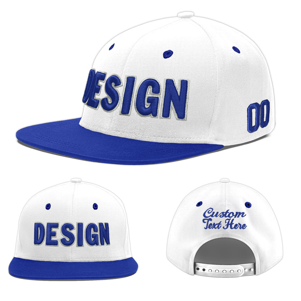 Custom White Royal Blue 68D Puff Embroidery Flat Embroidery Casual Sport Baseball Cap