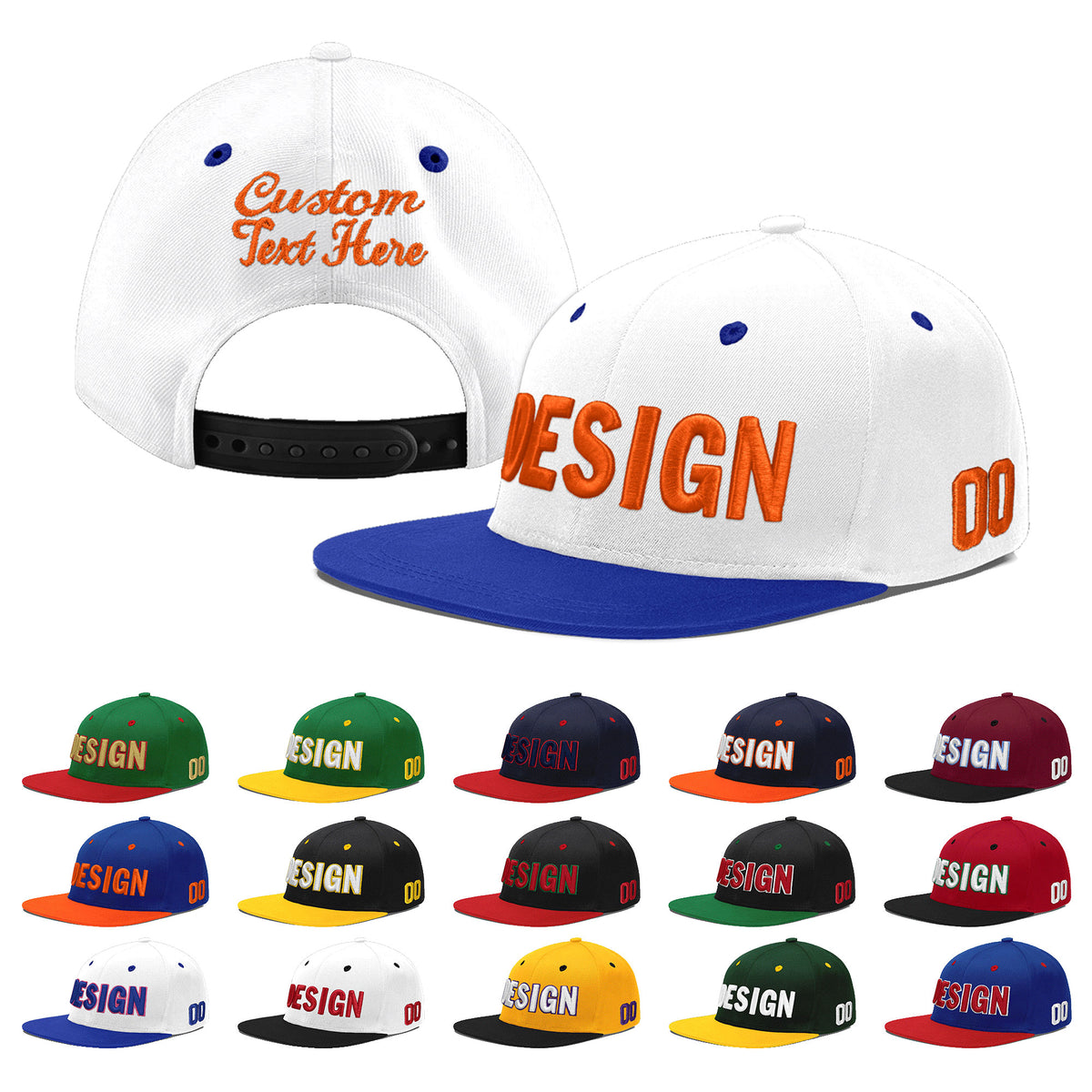 Custom White Royal Blue 75D Puff Embroidery Flat Embroidery Casual Sport Baseball Cap