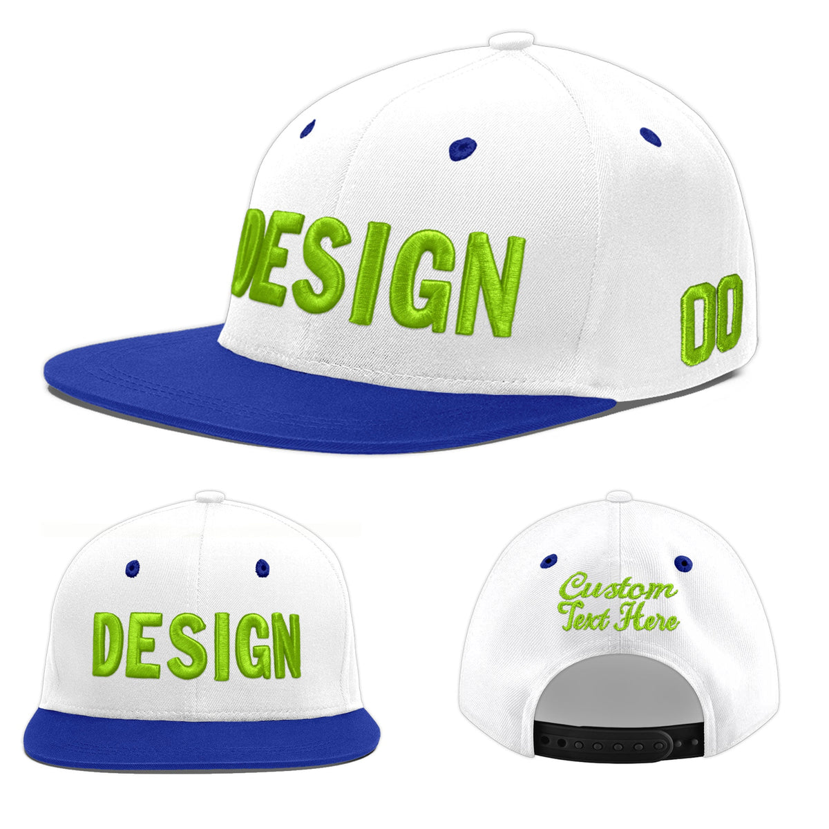 Custom White Royal Blue 44D Puff Embroidery Flat Embroidery Casual Sport Baseball Cap
