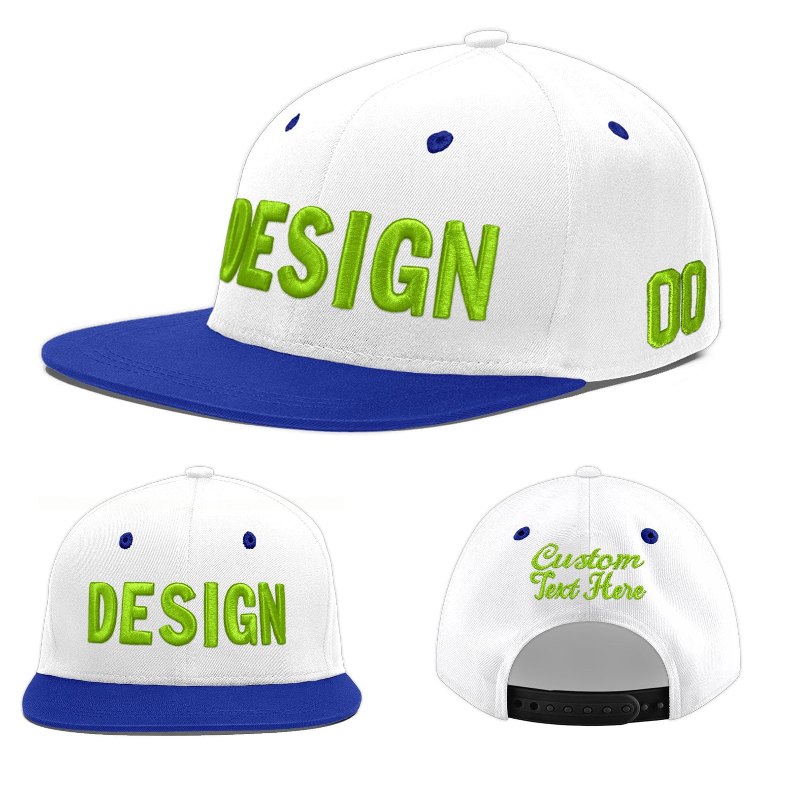 Custom White Royal Blue 44D Puff Embroidery Flat Embroidery Casual Sport Baseball Cap