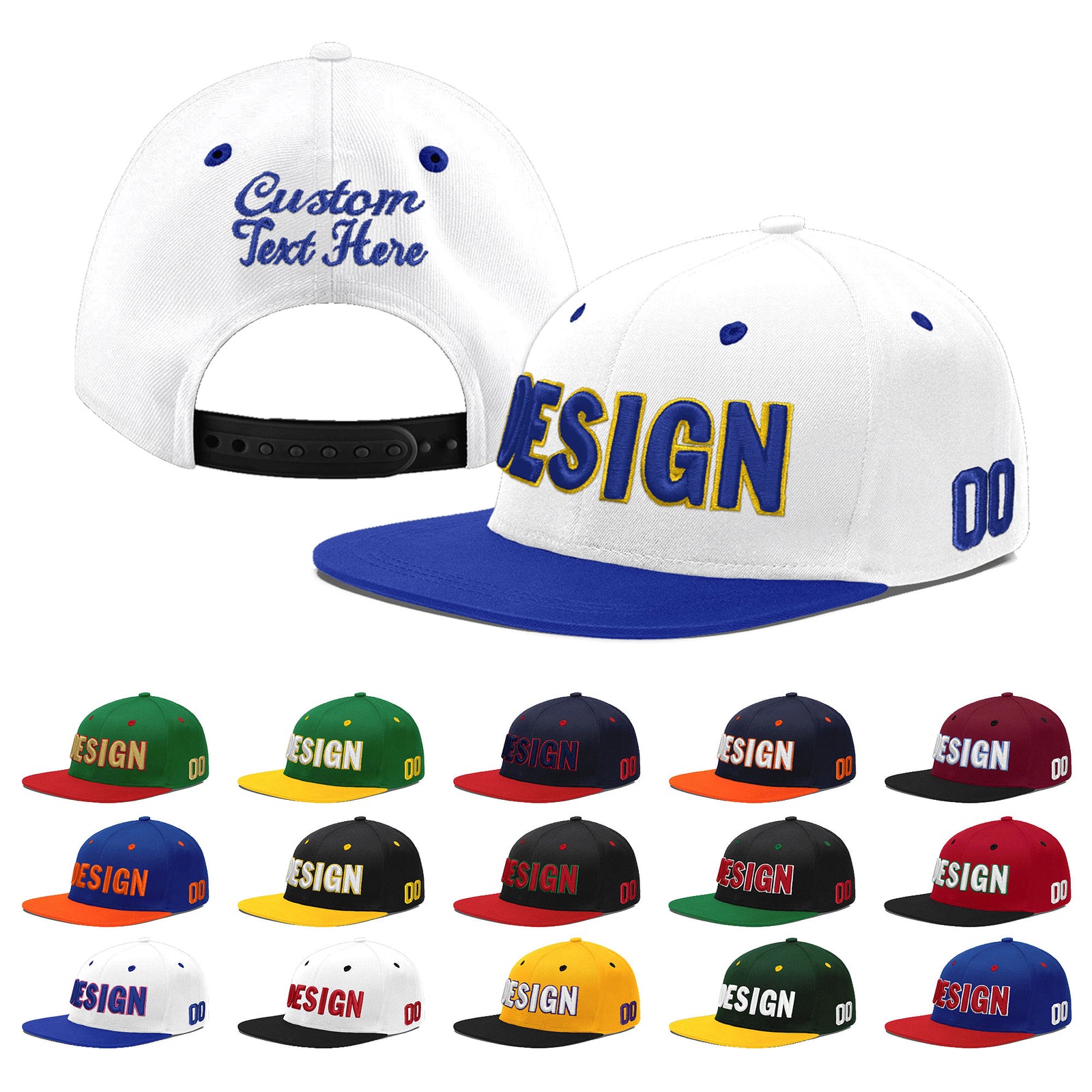 Custom White Royal Blue 51D Puff Embroidery Flat Embroidery Casual Sport Baseball Cap
