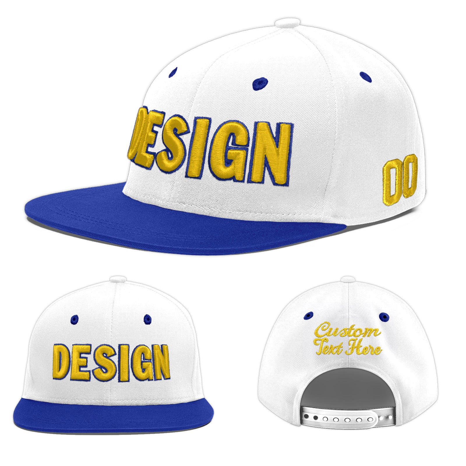 Custom White Royal Blue 60D Puff Embroidery Flat Embroidery Casual Sport Baseball Cap