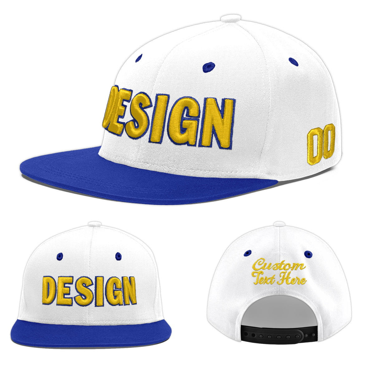 Custom White Royal Blue 60D Puff Embroidery Flat Embroidery Casual Sport Baseball Cap