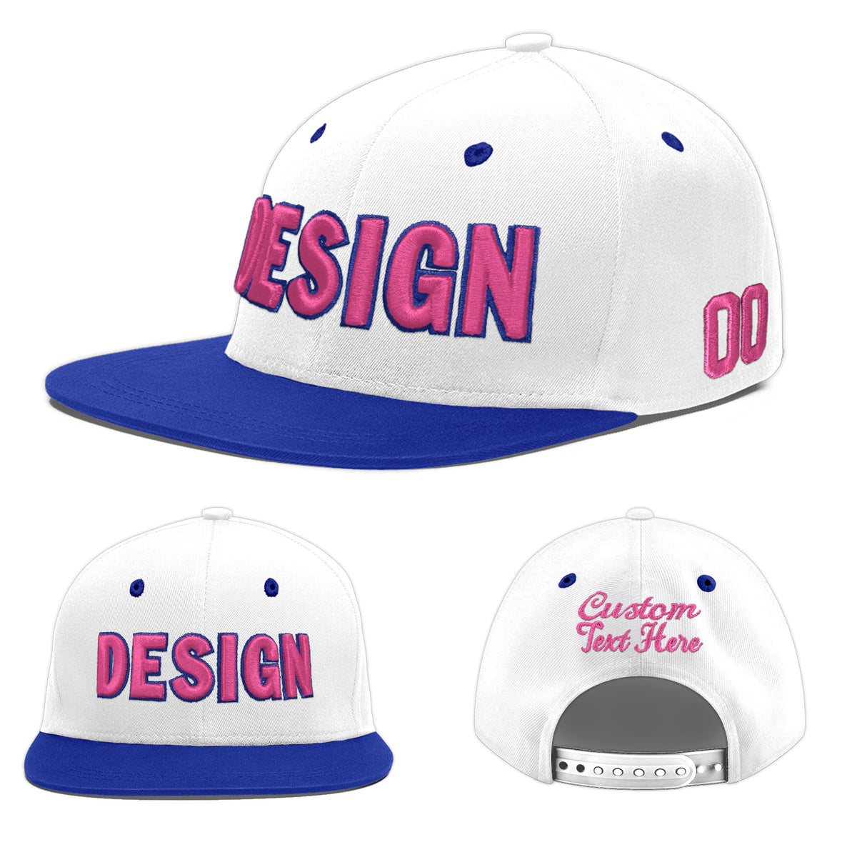 Custom White Royal Blue 68D Puff Embroidery Flat Embroidery Casual Sport Baseball Cap