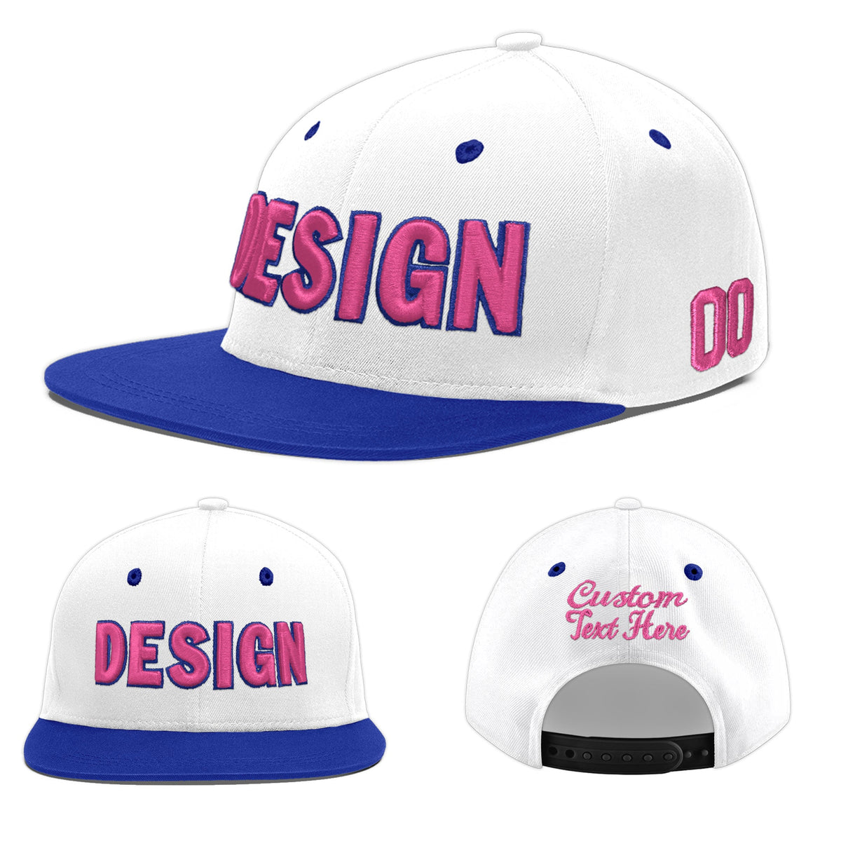 Custom White Royal Blue 68D Puff Embroidery Flat Embroidery Casual Sport Baseball Cap