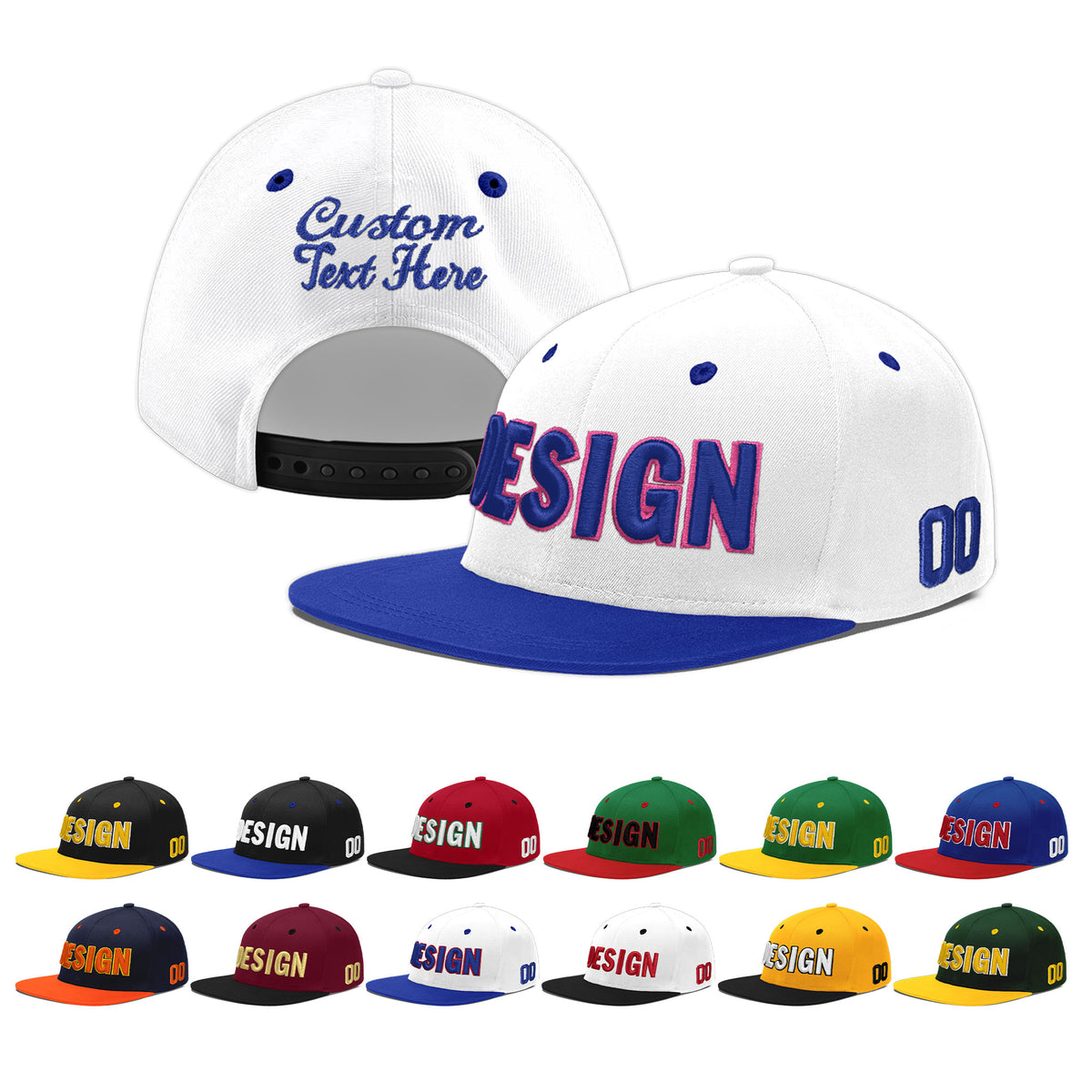 Custom White Royal Blue 75D Puff Embroidery Flat Embroidery Casual Sport Baseball Cap