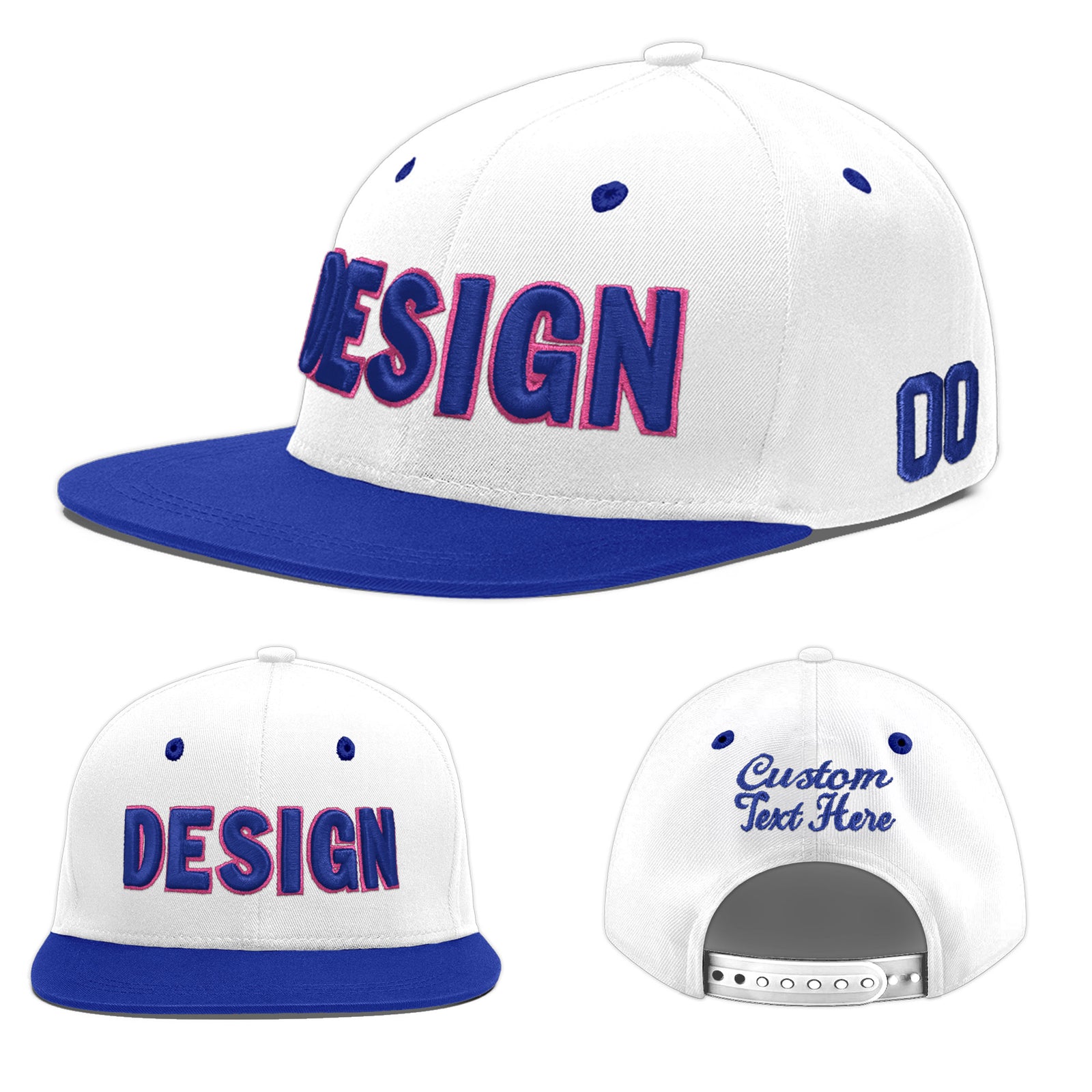 Custom White Royal Blue 76D Puff Embroidery Flat Embroidery Casual Sport Baseball Cap
