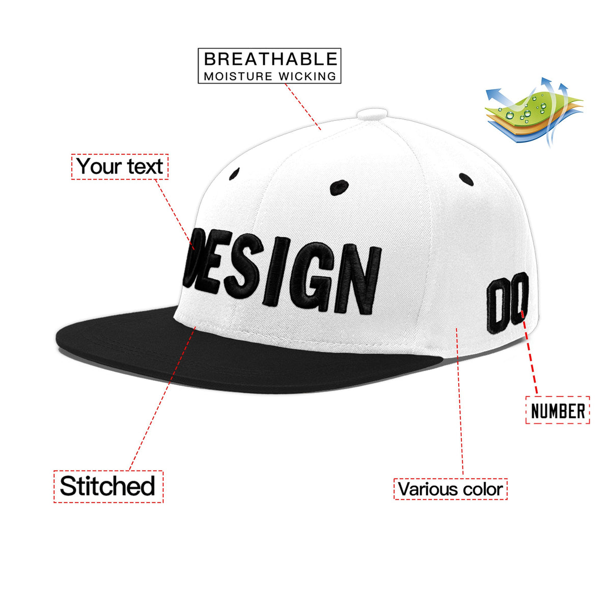 Custom White Black 3D Puff Embroidery Flat Embroidery Casual Sport Baseball Cap