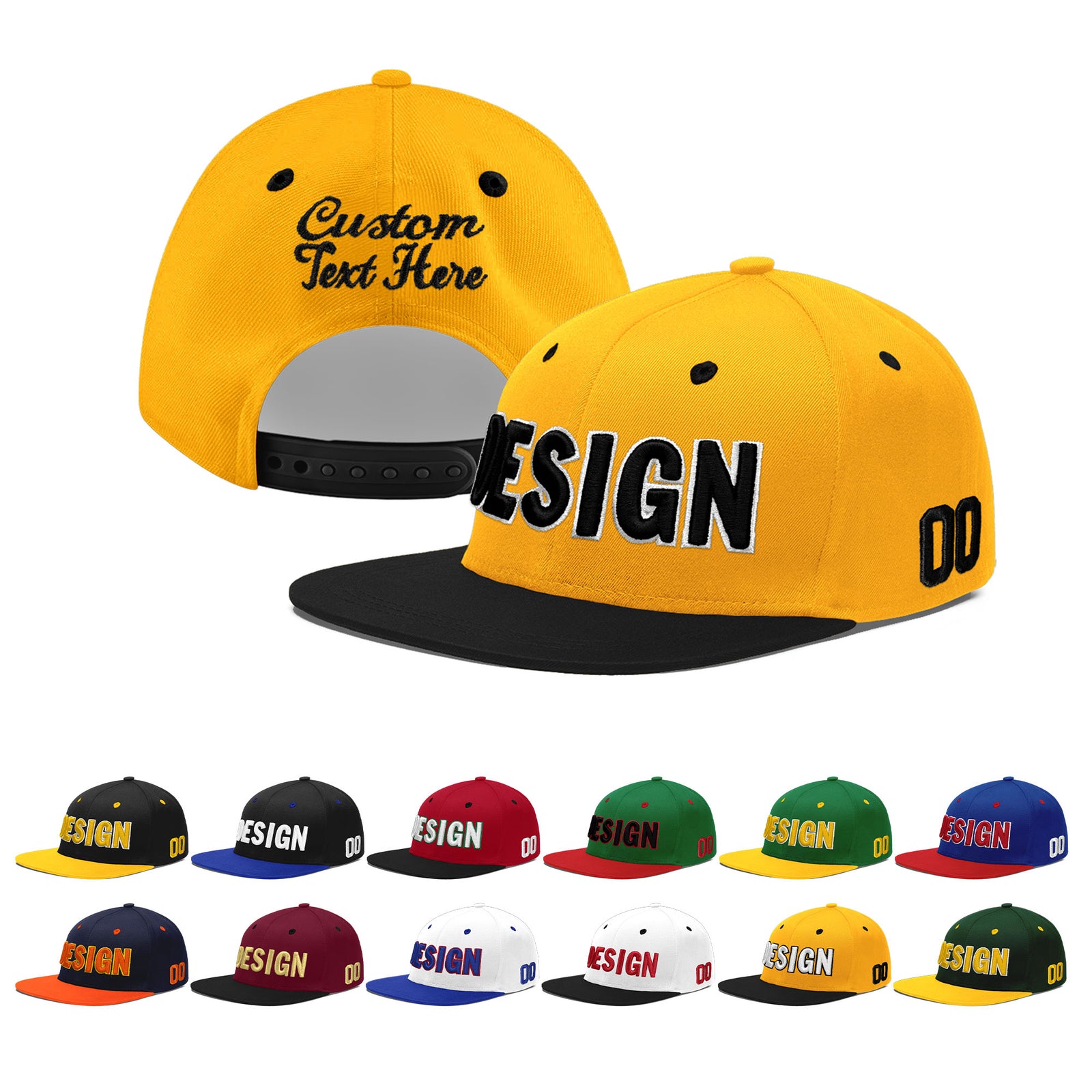 Custom Gold Black 3D Puff Embroidery Flat Embroidery Casual Sport Baseball Cap