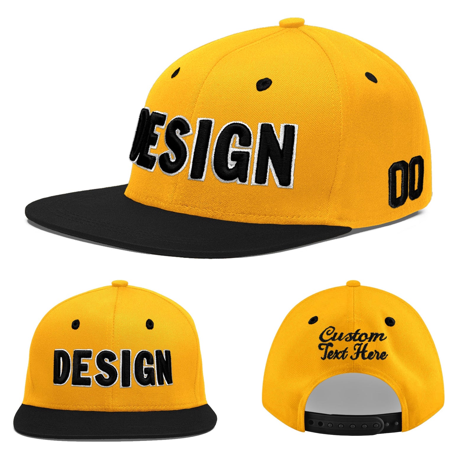 Custom Gold Black 3D Puff Embroidery Flat Embroidery Casual Sport Baseball Cap