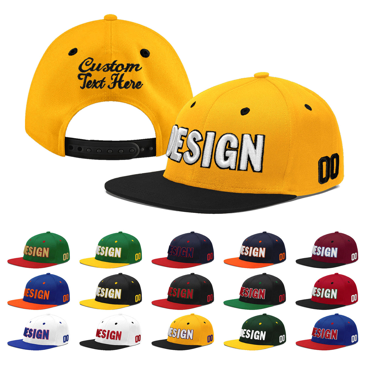 Custom Gold Black 3D Puff Embroidery Flat Embroidery Casual Sport Baseball Cap