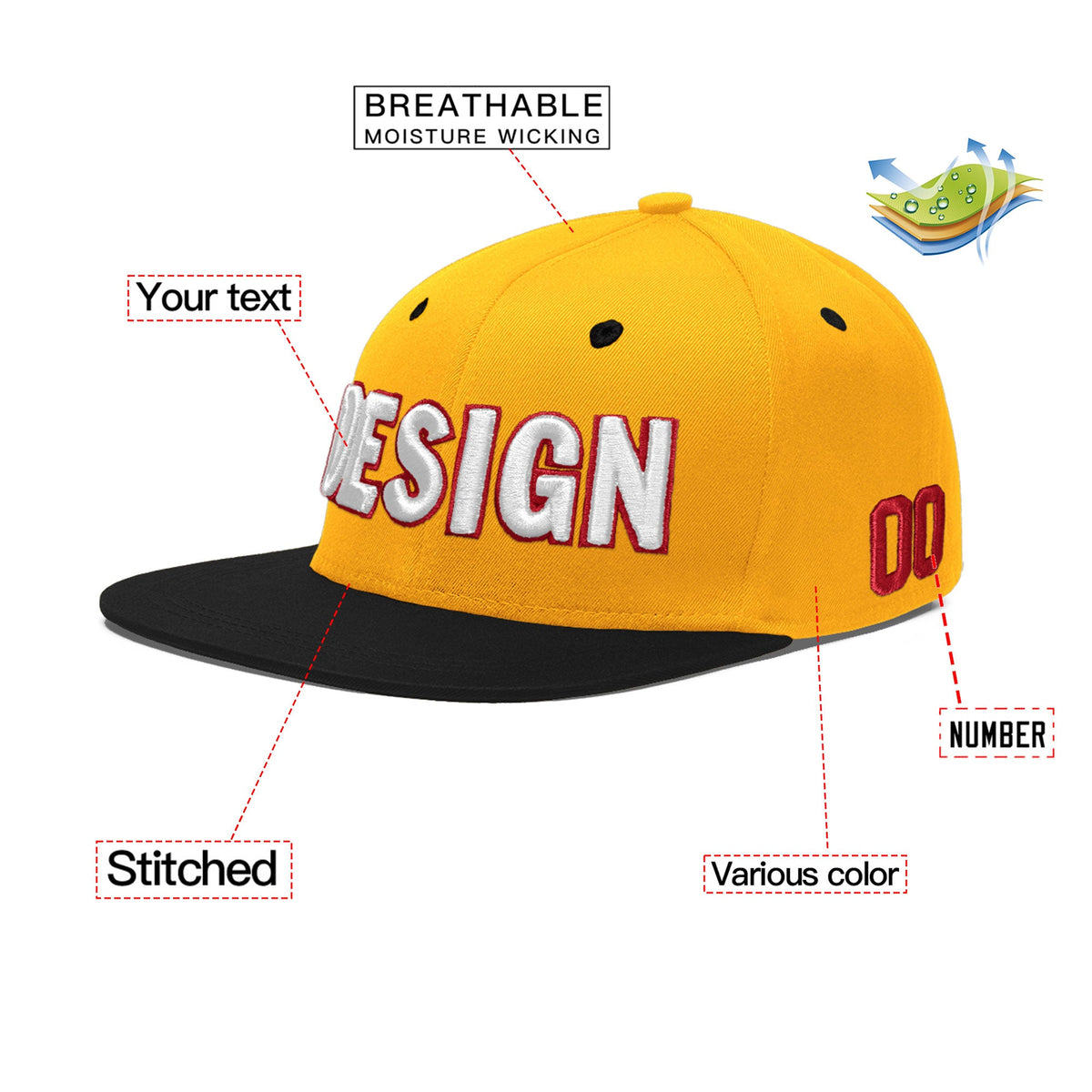 Custom Gold Black 3D Puff Embroidery Flat Embroidery Casual Sport Baseball Cap